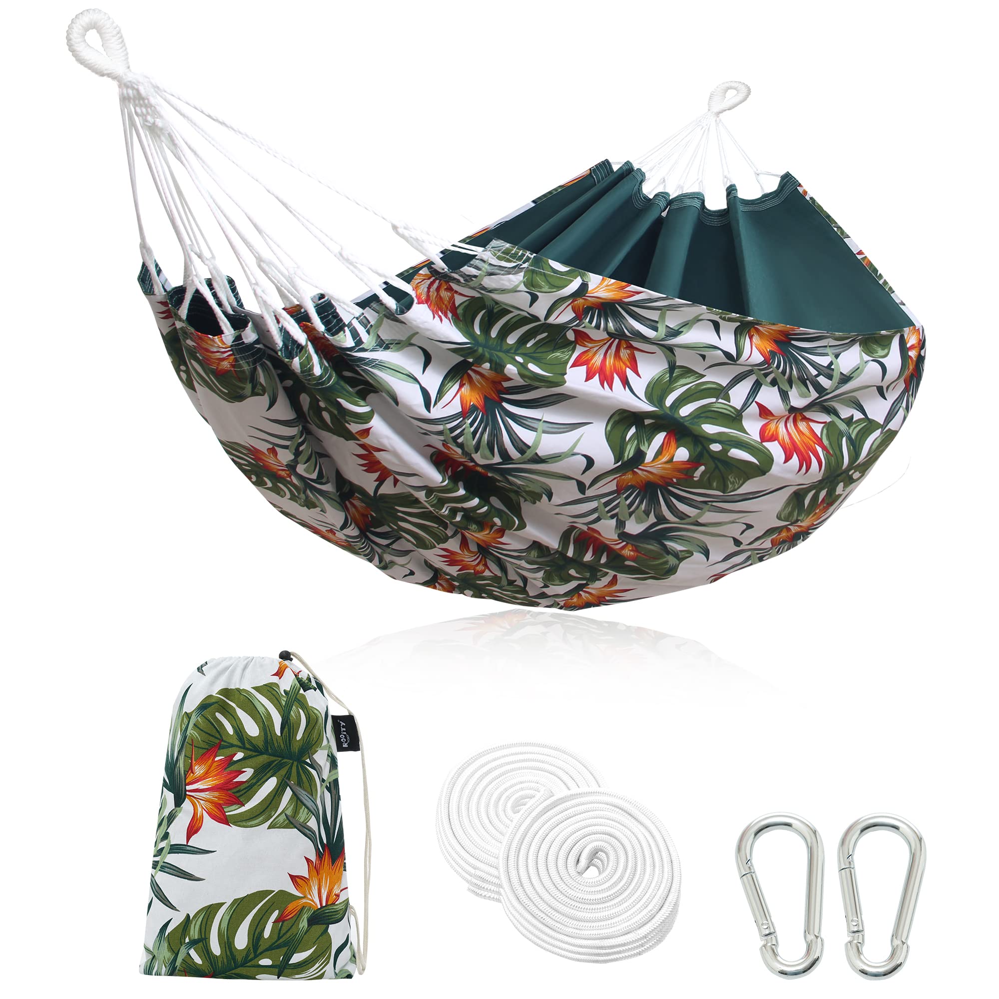 ROOITY King Size Indoor Cotton Hammock - Brazilian Style 2 Person Hammock with Carry Bag, 500Lbs Capacity - Perfect for Bedroom, Patio, Backyard & Porch - Durable XXX-Large Woven Cotton Fabric for Relaxation, Reading & Outdoor Lounging
