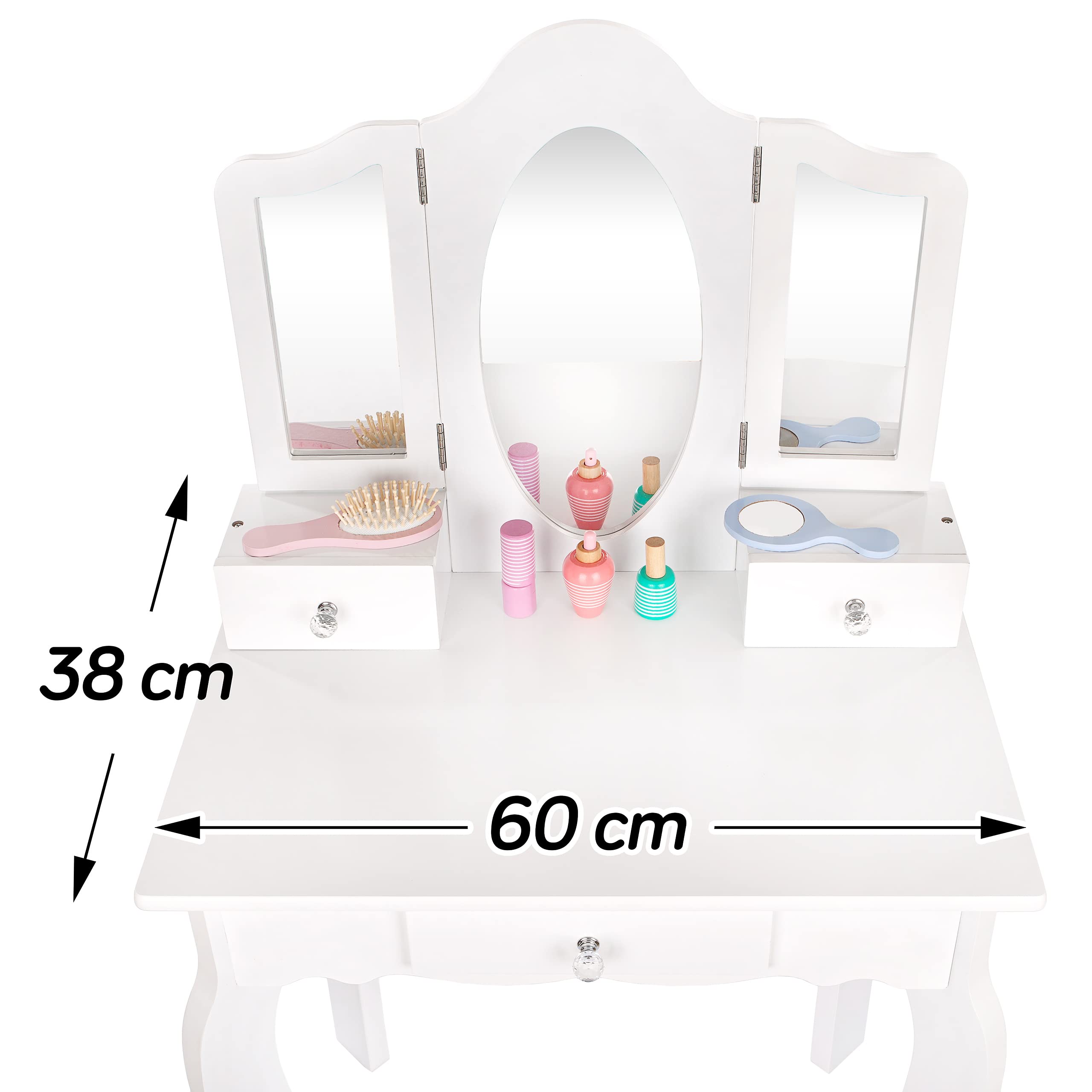 Wooden Kids Vanity Set with Mirror & Accessories - White Makeup Dresser Table with Drawers - Educational Toy for Girls Ages 3-6 Years (GS3302) - Perfect for Pretend Play, Birthday Gifts & Bedroom Decor