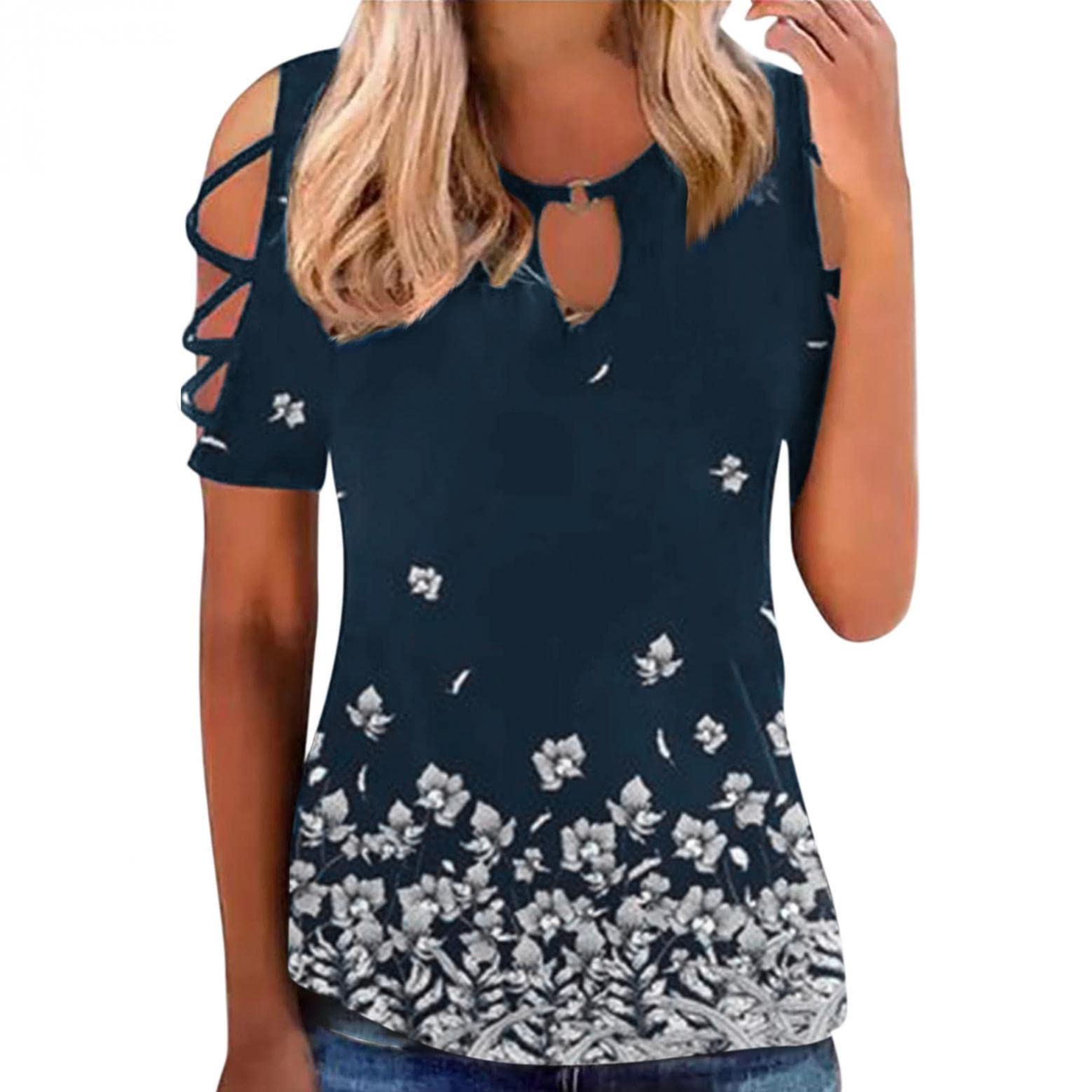 Sexy Summer Tops for Women - Casual Hollow Out Short Sleeve Tunic Blouse with Keyhole Neckline & Floral Print | Perfect for Beach Outings, Date Nights & Summer Vacations