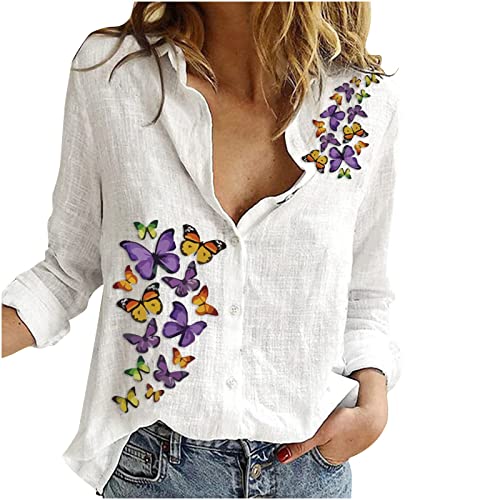 Women's Linen Button Down Shirt Long Sleeve Butterfly Print V-Neck Blouse with Roll-Up Cuffs - Casual Work Top for Office, Spring Outfits & Summer Travel