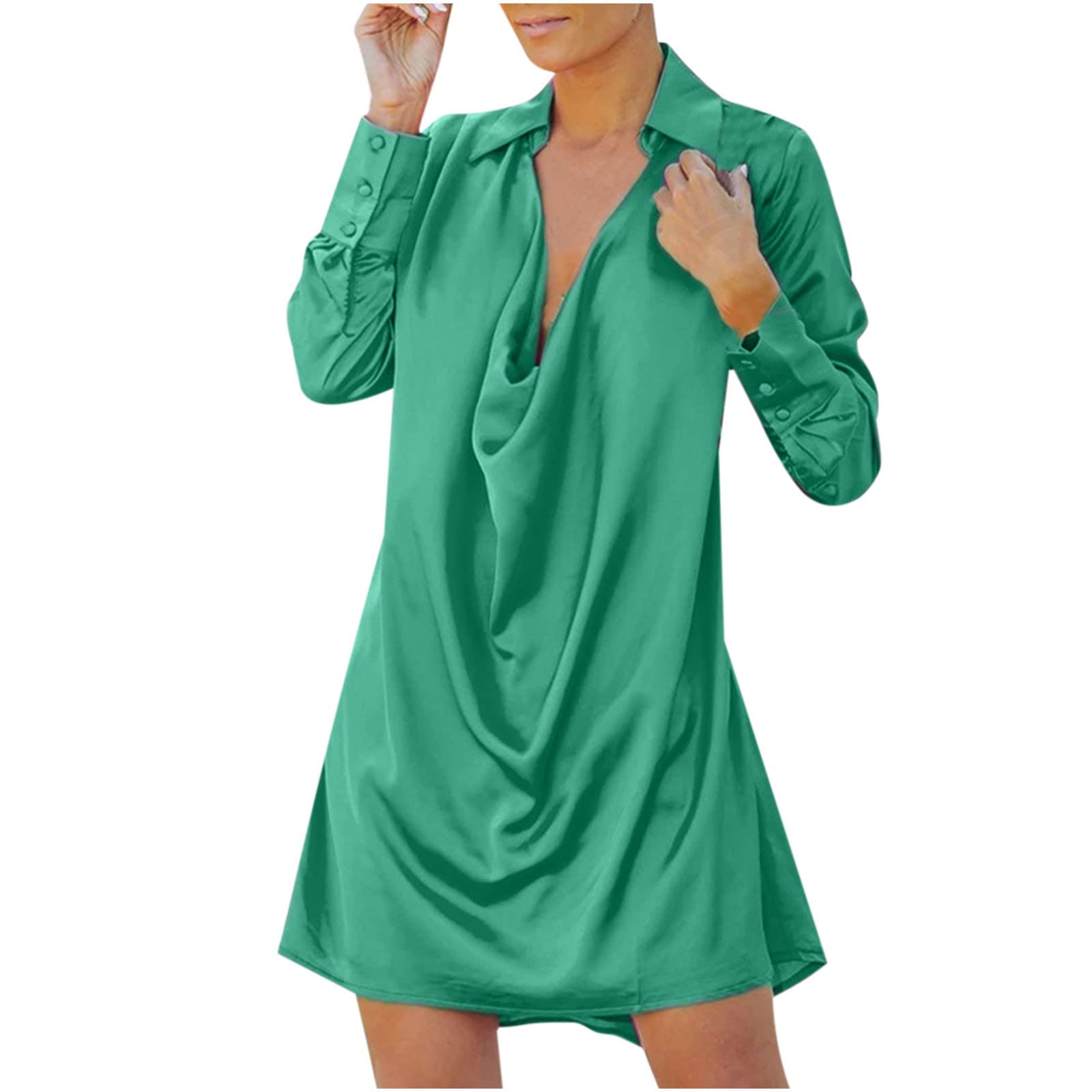 Ticcoy Women's Sexy Deep V-Neck Satin Shirt Dress - Long Sleeve Button Down Loose Mini Dress for Party, Night Out & Casual Wear | Elegant Clubwear & Office Attire
