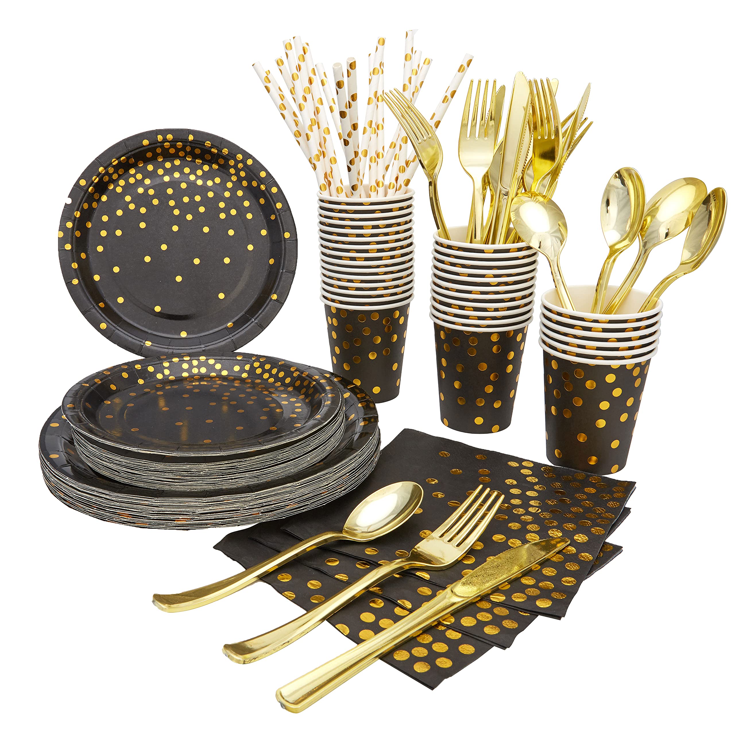 Goyappin 320-Piece Black and Gold Disposable Paper Plates Set - Includes Plates, Cups, Cutlery & Straws for 40 Guests - Elegant Party Supplies for Weddings, Birthdays, Graduations & Special Events - Perfect for Dinner Parties, Catering & Celebrations