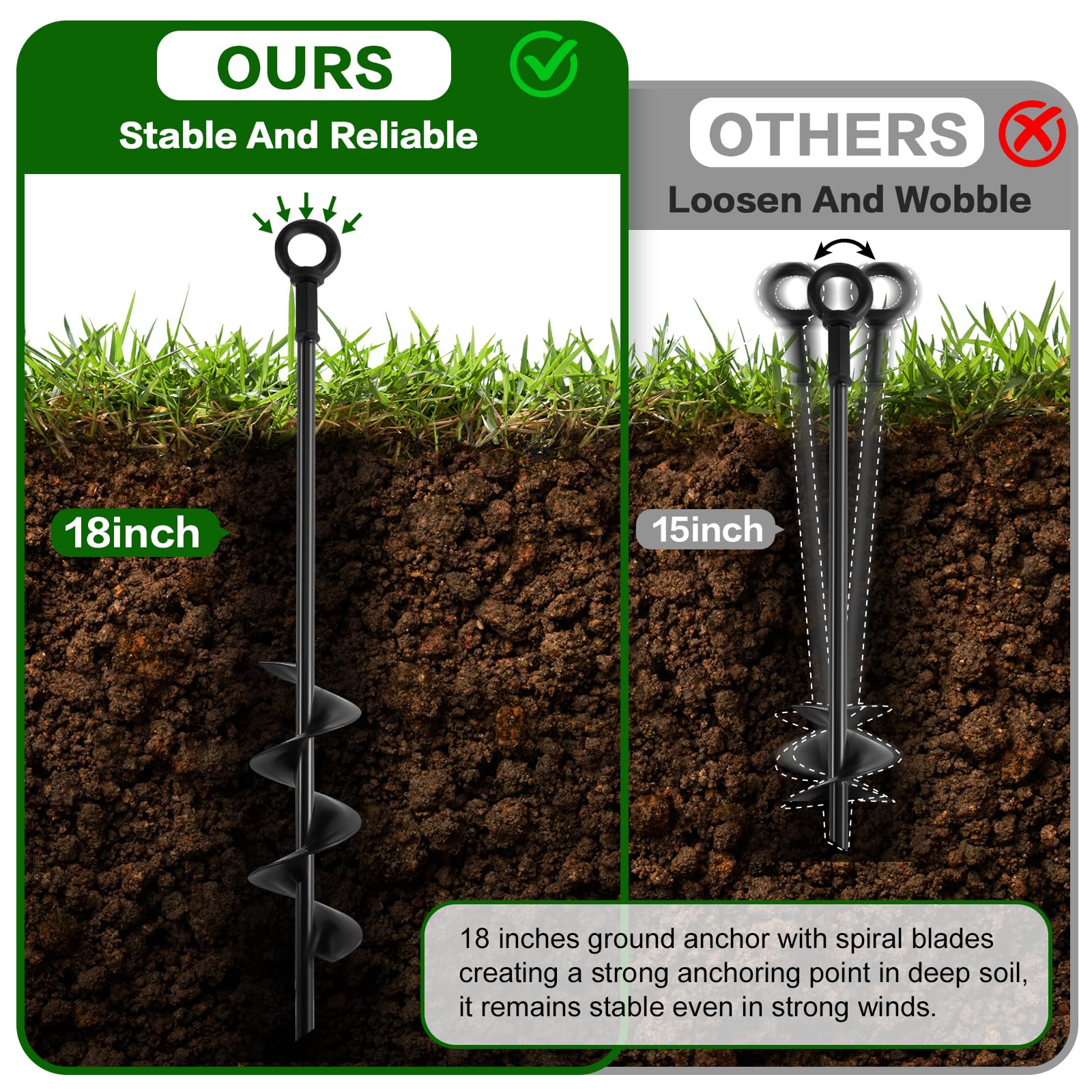18-Inch Heavy Duty Screw-In Ground Anchors (4 Pack) - Trampoline Anchors & Stakes for High Winds with Wrenches & Straps - Secure Swing Sets, Sheds, Camping Tents, Canopies & Mobile Homes - Perfect for Storm Protection and Outdoor Stability