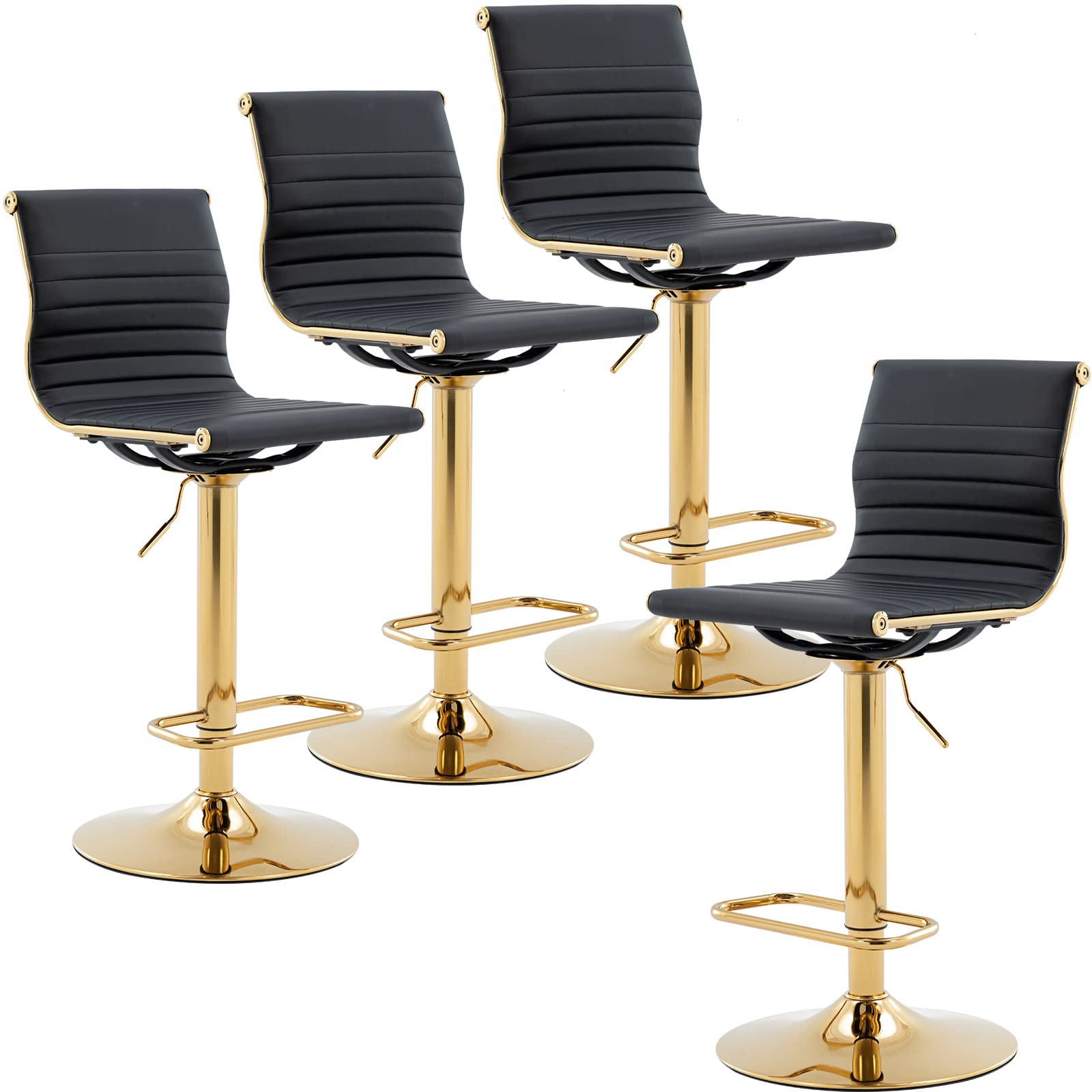 4-Pack Adjustable Height Metal Bar Stools - Modern Black PU Leather Armless Counter Stools with Golden Base for Kitchen Island, Home Bar & Dining Room - Perfect for Entertaining & Small Spaces