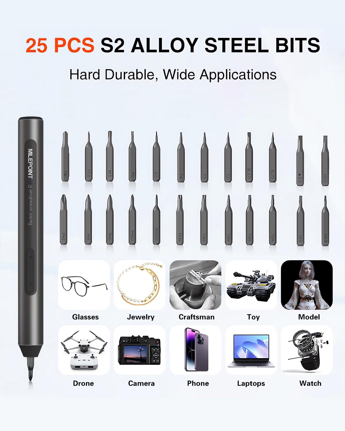 25 in 1 Mini Electric Screwdriver Kit - Cordless with S2 Magnetic Bits for Electronics Repair | Perfect for Laptops, Phones, Watches, Cameras, Drones, Glasses & More | DIY Home & Office Tool Kit