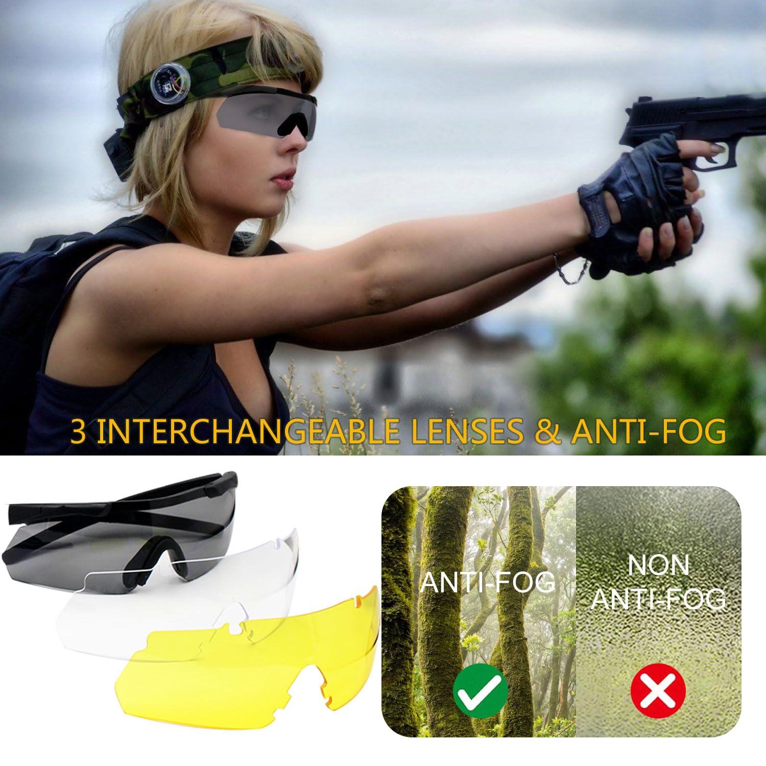 SPOSUNE Tactical Shooting Glasses - Anti Fog, Impact Resistant with 3 Lenses for Men & Women - Perfect for Hunting & Range Shooting