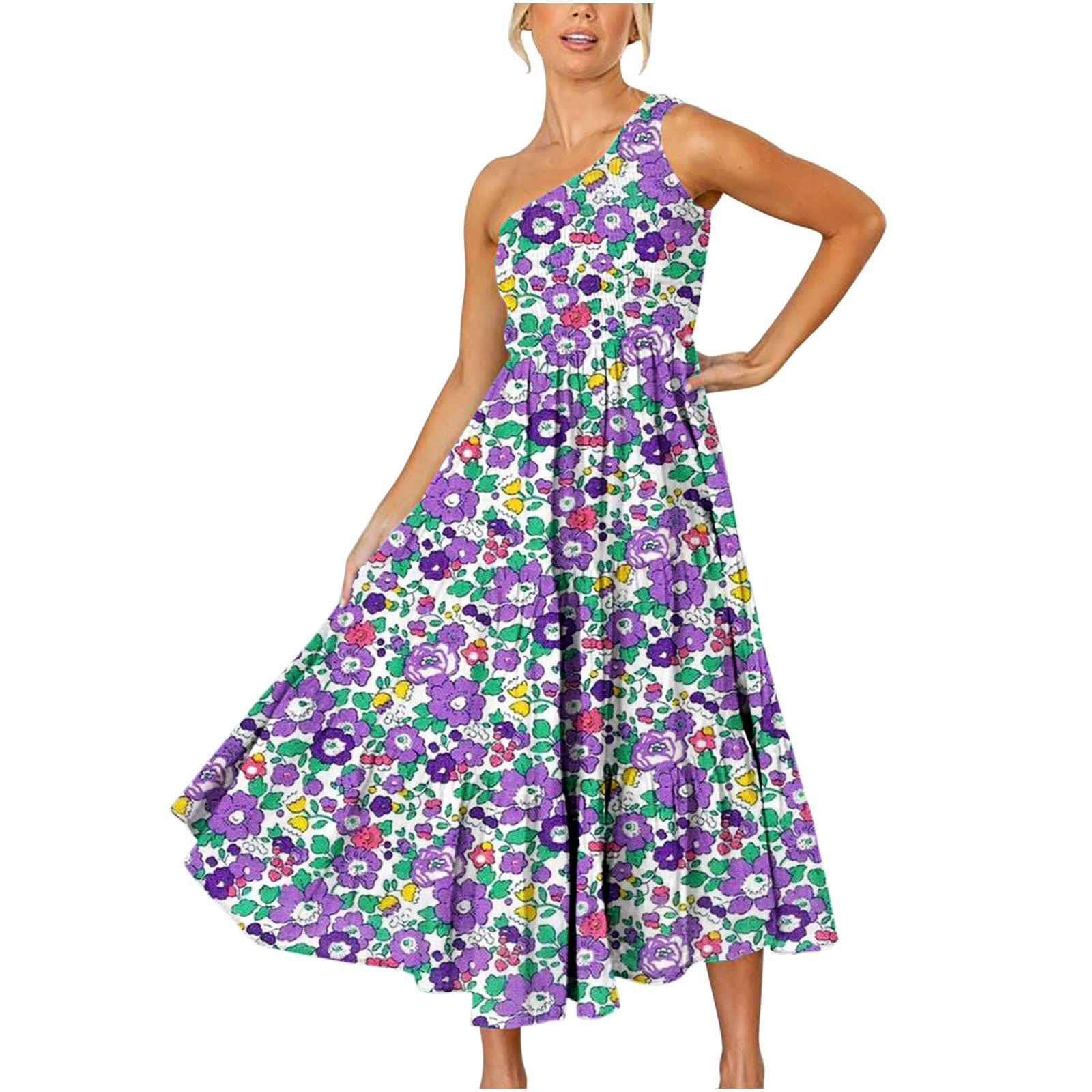XIMIN Women's Summer Floral One Shoulder Sleeveless Bohemian Maxi Dress with Ruffled Hem - Perfect for Beach Vacations, Date Nights & Summer Parties