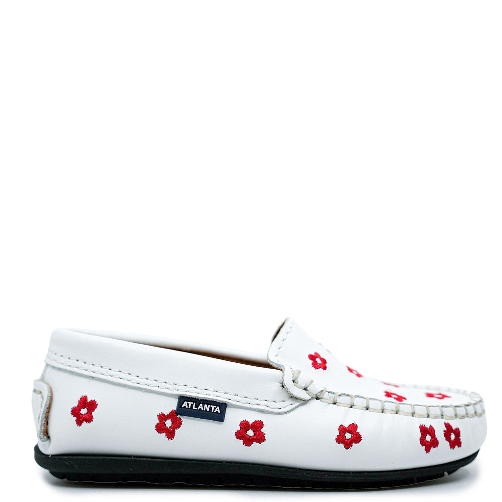 Atlanta Moccasin Loafers for Women - White & Red Floral Design Comfortable Slip-On Shoes - Perfect for Casual Outfits, Office Wear & Spring Summer Fashion