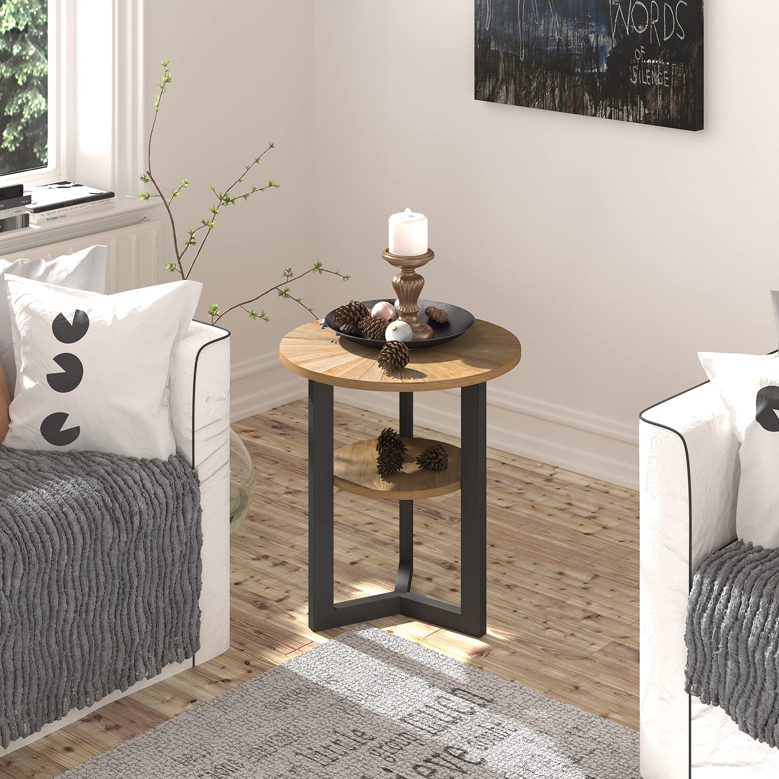 LEEMTORIG 2-Tier Round Side Table with Metal Legs - Modern Nightstand & Couch Table for Living Room, Bedroom, Office - Rustic Natural/Black Finish - 19.3