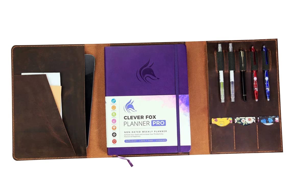 Premium Personalized Leather Folio Organizer Cover for Clever Fox Planner 8.5 x 11 & Rocketbook Fusion Letter Size X04-LS - Elegant Trifold Leather Folder for Work, Office, and Business Professionals - Perfect for Meetings, Note-Taking, and Daily Planning