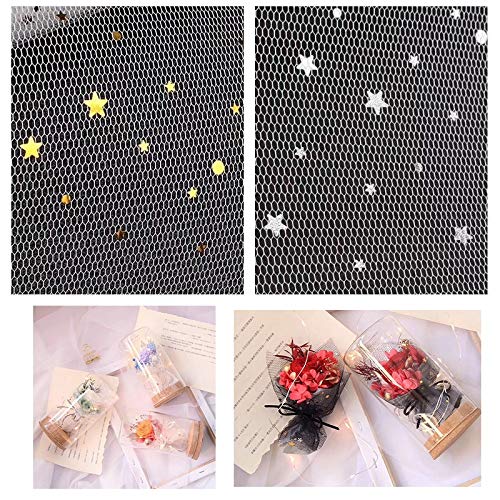 5 Yards Gold Star Moon Sequins Lace Gauze Mesh - DIY Craft Scrapbook Wedding Bouquet Wrapping Paper, Party Decorations for Wedding, Birthday, Baby Shower & Home Decoration