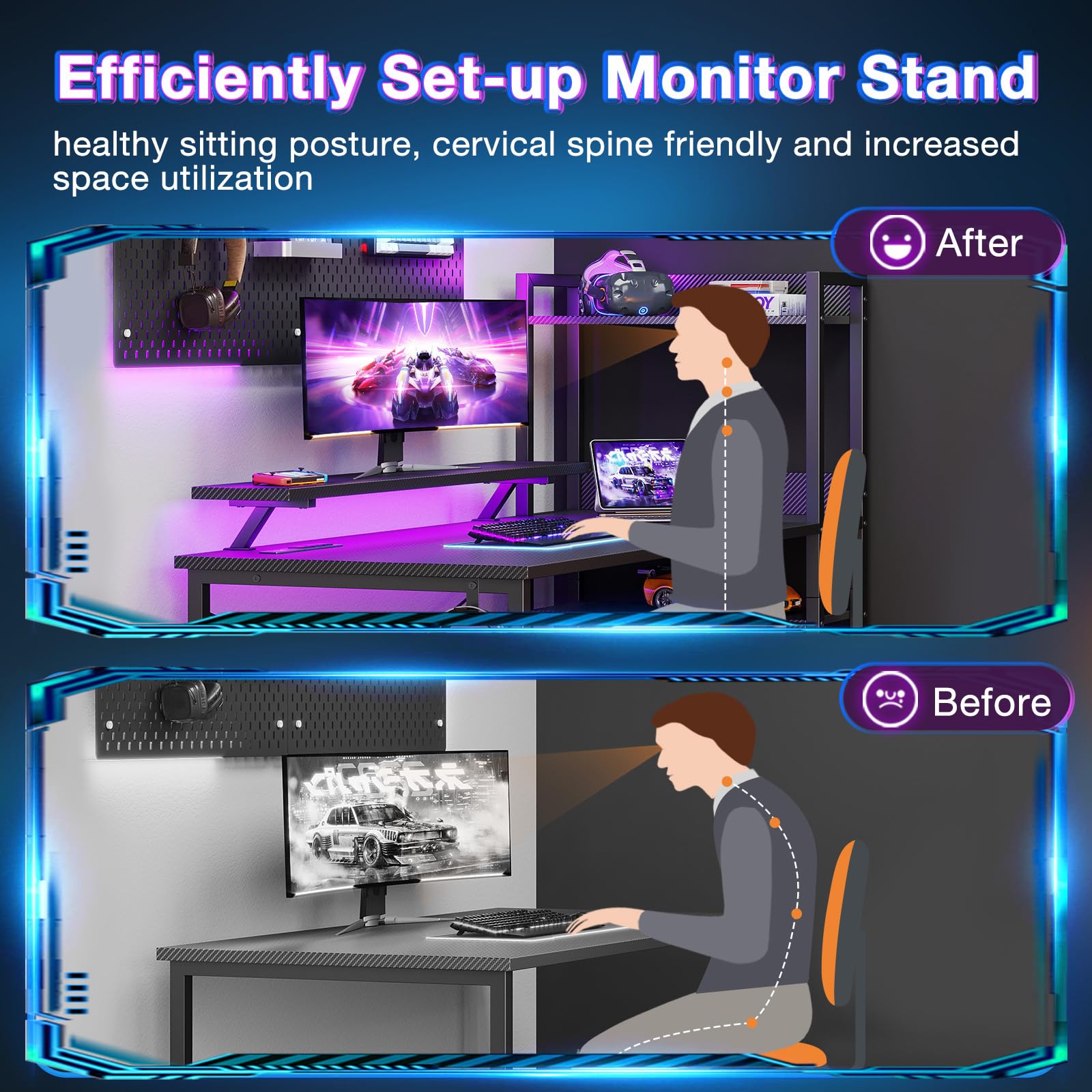 ODK 55 Inch Reversible Gaming Desk with USB Charging Port & LED Lights, Carbon Fiber Black Computer Desk with Storage Shelves & Monitor Stand - Perfect for Home Office, Gaming Setup, and Bedroom Workspace