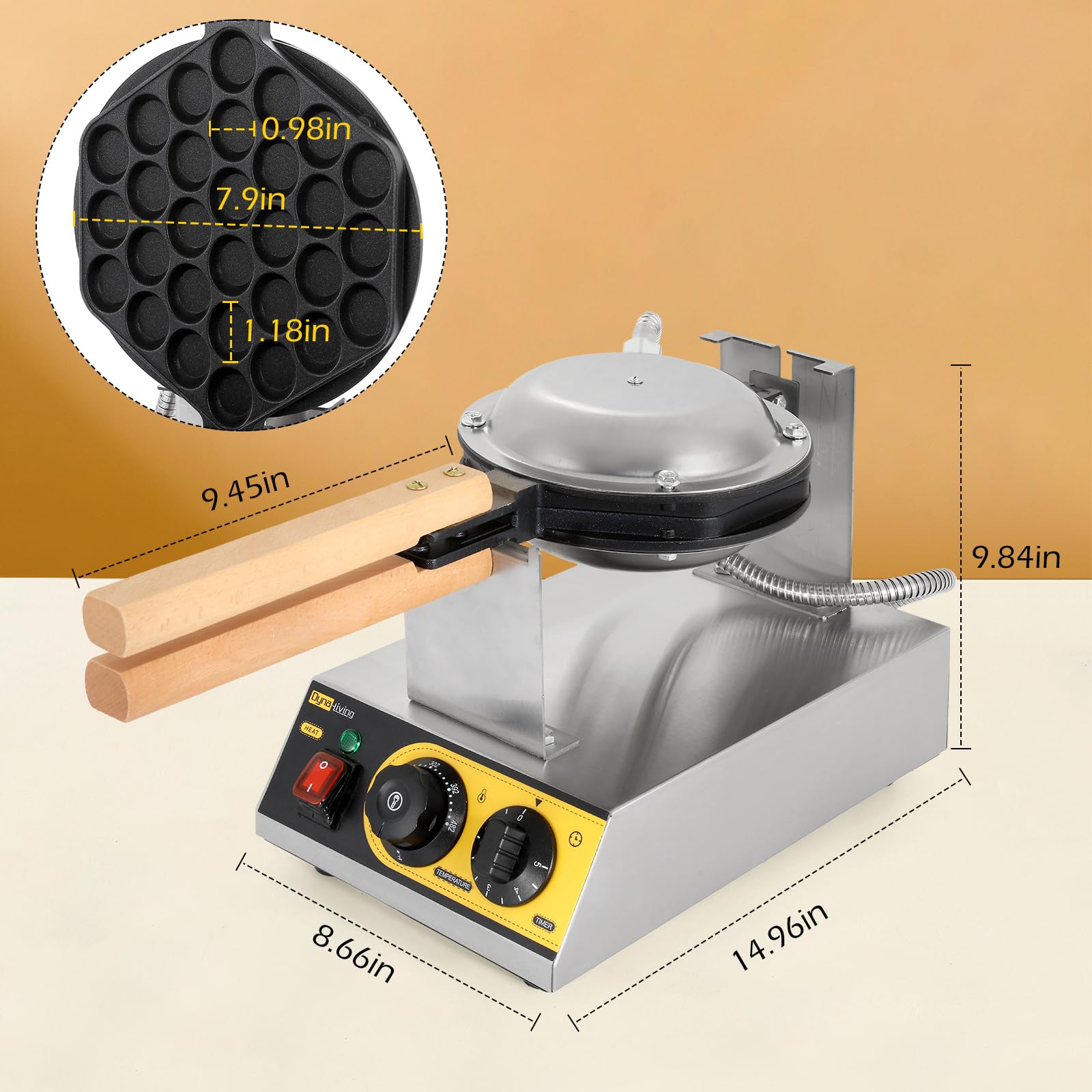 Dyna-Living 1400W Commercial Bubble Waffle Maker - Electric Stainless Steel Egg Waffle Machine with 180° Rotation & Non-Stick Coating - Perfect for Restaurants, Cafes & Home Breakfast (Hong Kong Style Egg Puff)
