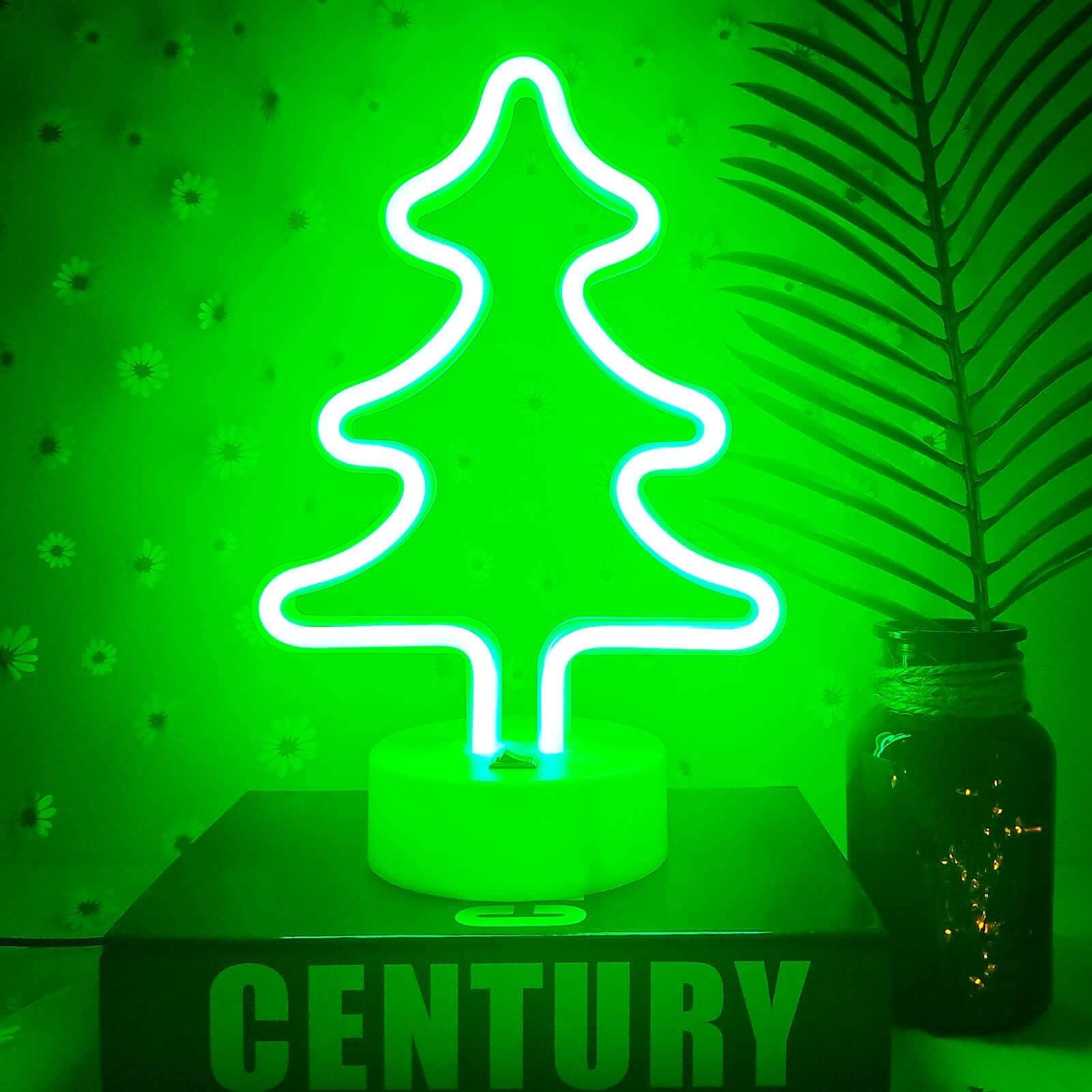Battery/USB Powered Green Neon Christmas Tree Light with Base - Holiday Home Decor for Christmas Party, Bedroom, Living Room & Office