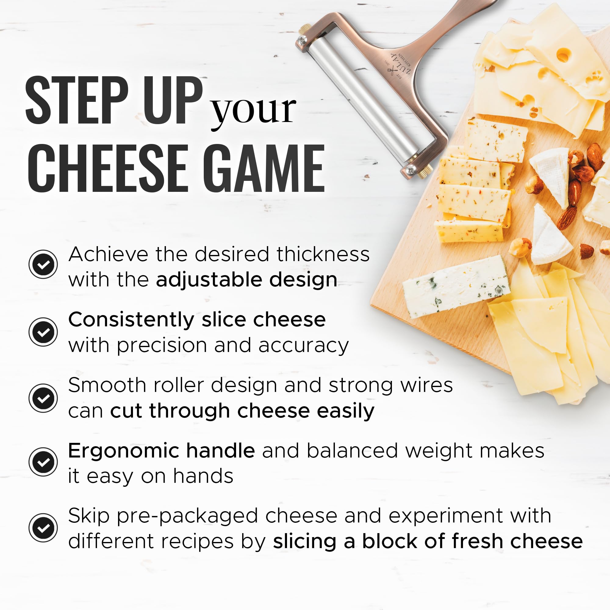 Zulay Adjustable Thickness Cheese Slicer - Heavy Duty Wire Cheese Cutter for Mozzarella, Cheddar, Gouda & Block Cheese - Includes 2 Extra Copper Wires - Perfect for Kitchen, Deli, Party Platters & Charcuterie Boards