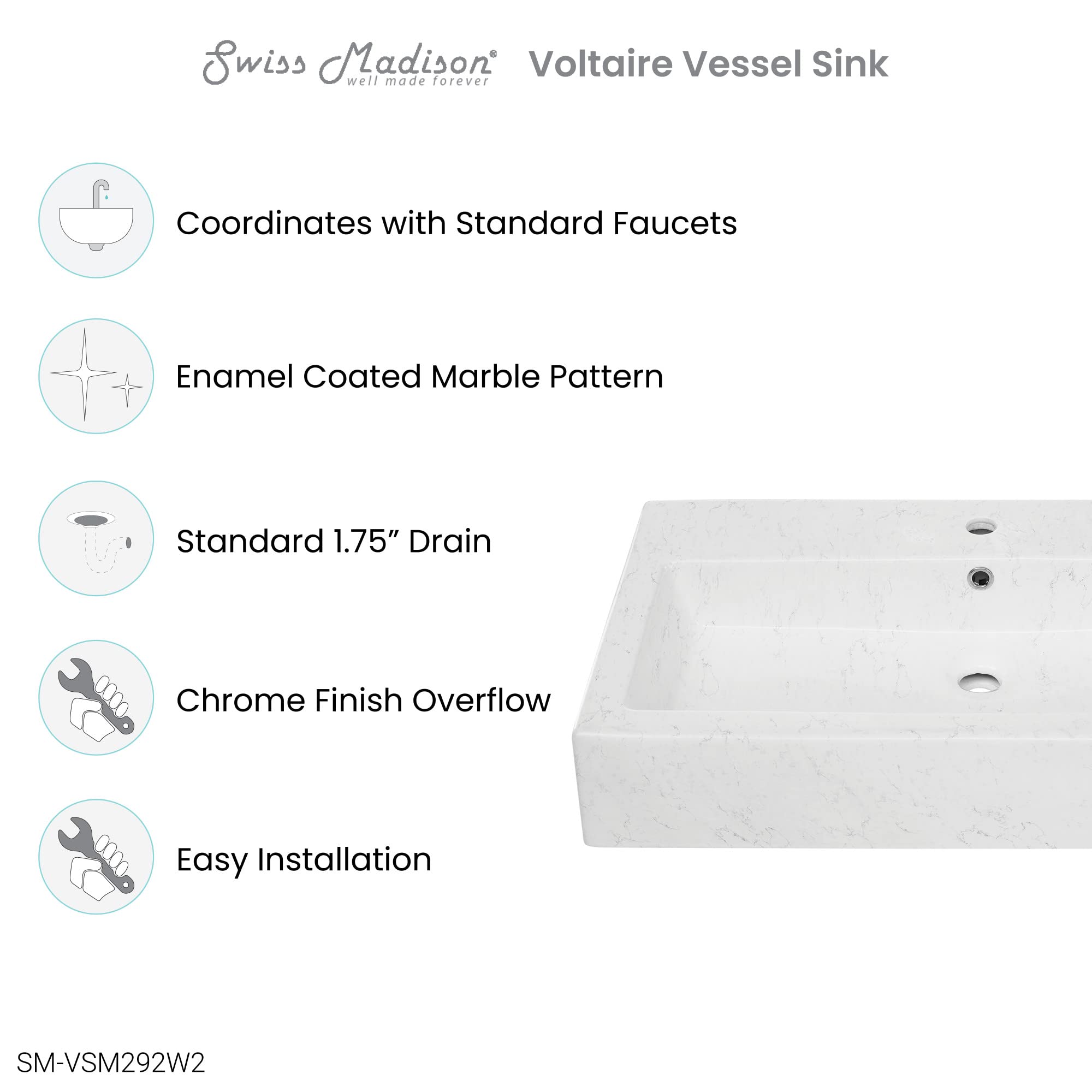 Voltaire Wide Rectangle Vessel Sink in Static Marble - Modern Bathroom Vanity Sink for Contemporary Homes & Luxury Hotels