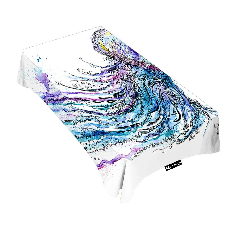 Moslion Decorative Rectangle Tablecloth - Jellyfish Aqua Ocean Animal Sketch Design, Waterproof Table Cover for Dining, BBQ, Picnic, Coffee Table (60x84 Inches) | Perfect for Beach Parties, Underwater Theme Decor & Outdoor Gatherings