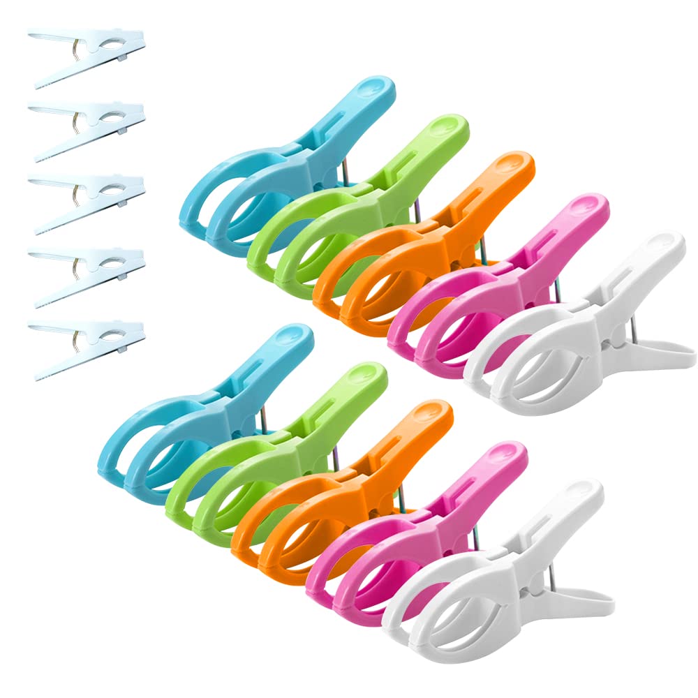 10 Pack Beach Towel Clips for Lounge Chairs - 4.5 Inch Plastic Pool Towel Clamps with 5 Free Bonus Small Clips - Secure Your Towel at Beach, Poolside, or Backyard - Windproof Design for Family Outdoor Use