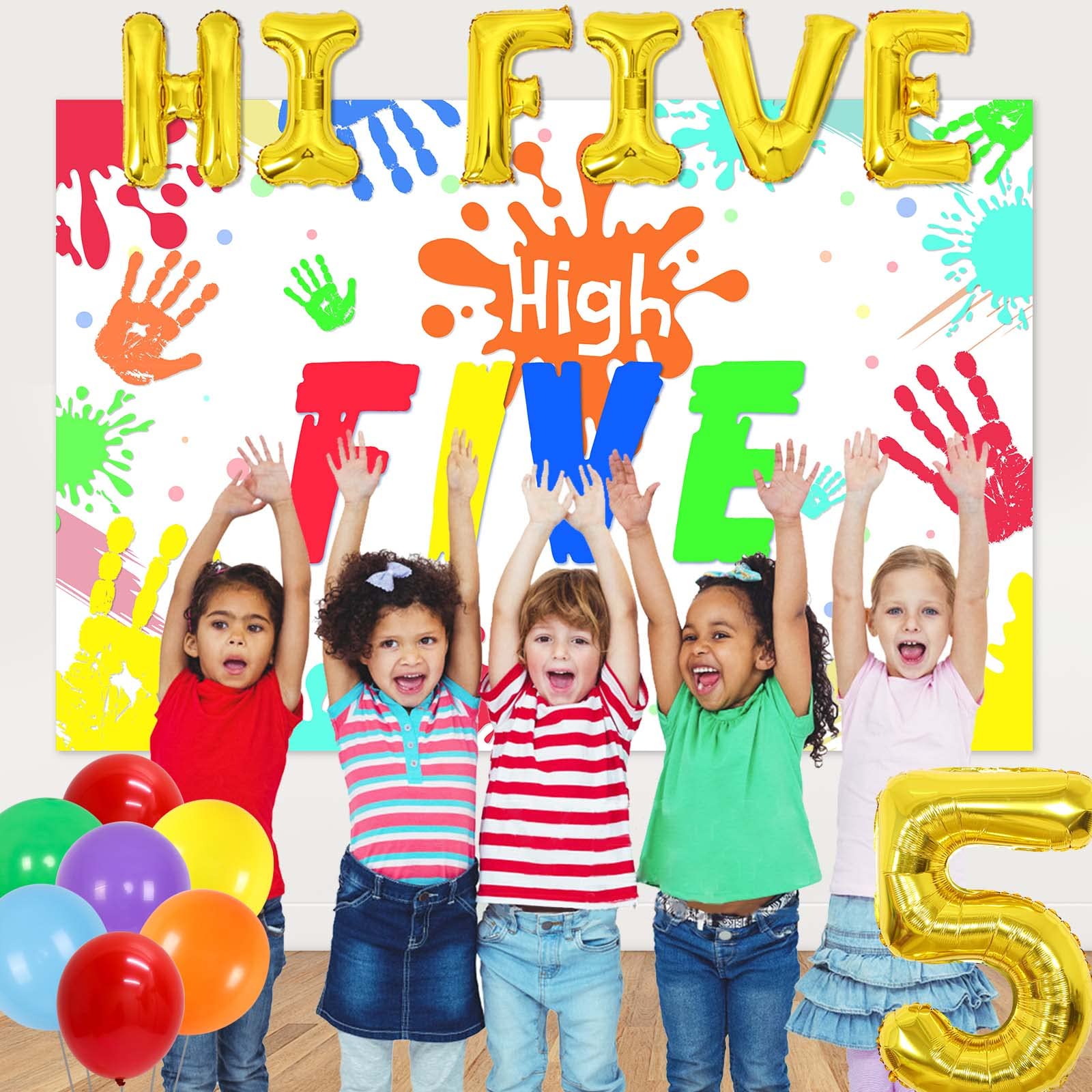 5th Birthday Party Decorations Set - Rainbow Balloons, High Five Backdrop, Number 5 Foil Cake Toppers for Boys & Girls | Perfect for 5-Year-Old Birthday Celebrations, Cake Smash Photos & Handprint Keepsakes