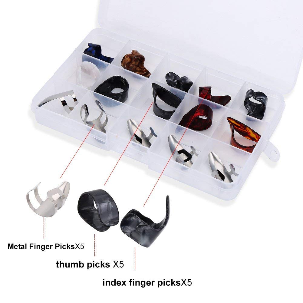 15Pcs Guitar Picks Variety Pack with Plastic Storage Box - Durable Thumb Picks & Finger Protectors for Guitar Training, Practice & Live Performances - Perfect for Beginners & Professional Musicians