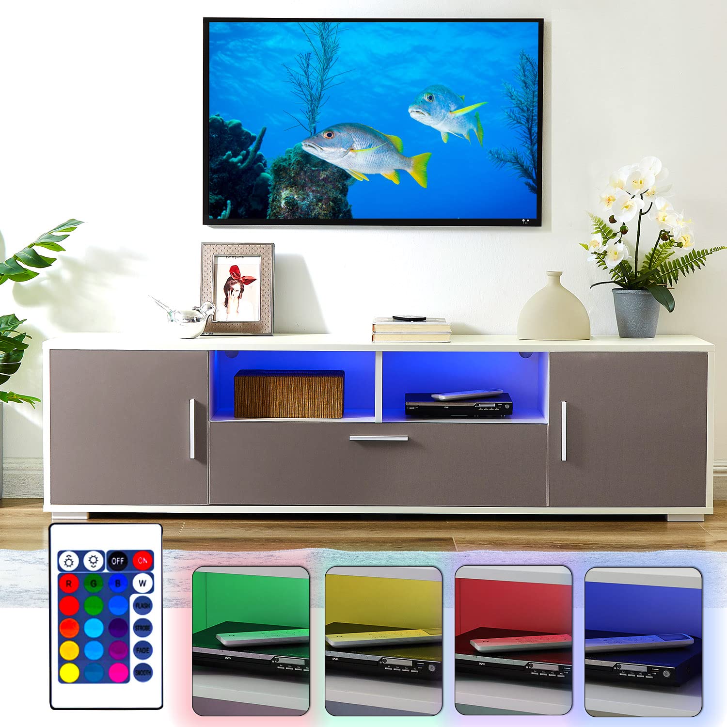 Modern TV Stand with LED Lights & Storage - High Gloss Entertainment Cabinet for 60-70 Inch TVs - Quick 30 Min Assembly - White & Gray TV Console - Perfect for Living Room, Bedroom & Home Theater Setup