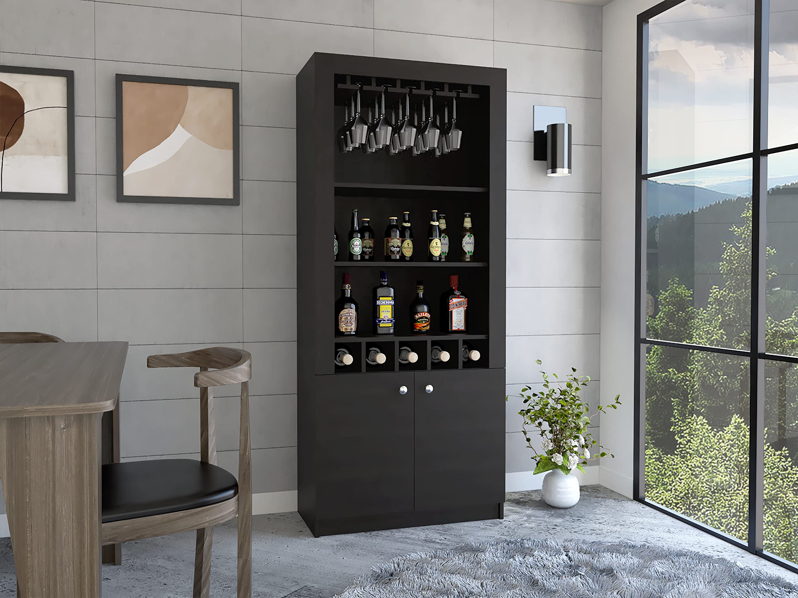 Modern Black Bar Cabinet with 10-Glass Wine Rack & 5-Bottle Storage - Double Door Cabinet with 3 Open Shelves for Home Bar, Dining Room or Entertainment Area - Elegant Wine Storage Furniture for Parties & Gatherings
