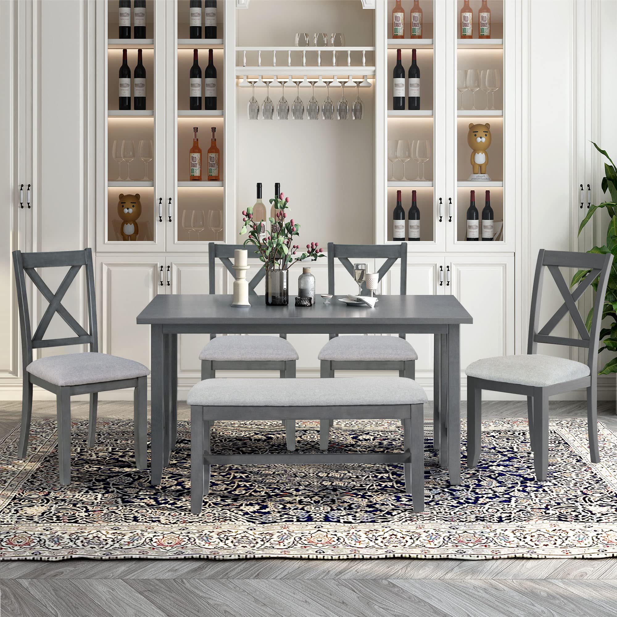 P PURLOVE 6-Piece Foldable Dining Table Set with 4 Chairs & Bench, Solid Wood Farmhouse Kitchen Table in Gray – Perfect for Small Spaces, Family Gatherings & Outdoor Dining