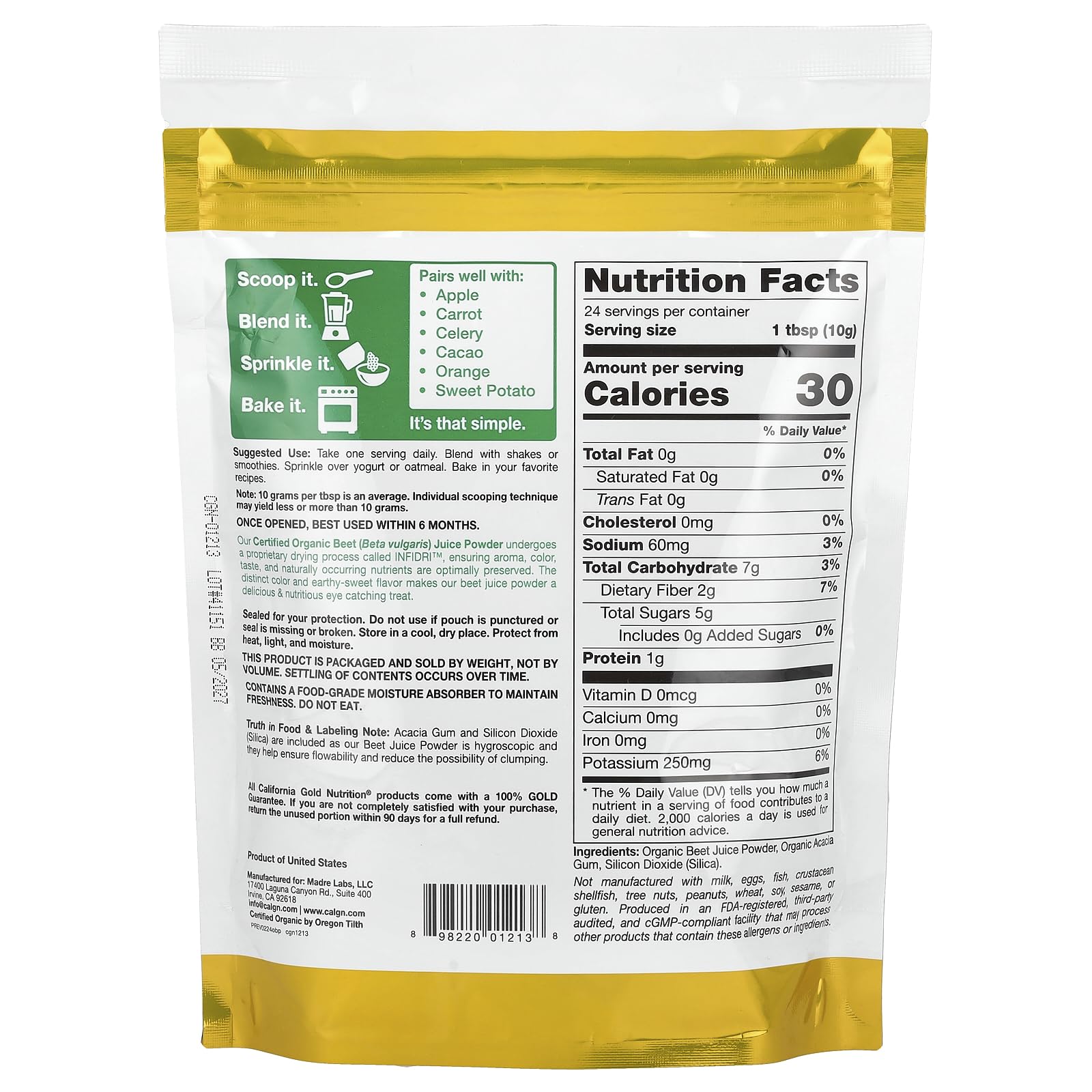 USDA Certified Organic Beet Root Powder - 8.5 oz (240g) | Non-GMO, Gluten-Free Superfood for Smoothies, Baking & Natural Food Coloring | Made in USA