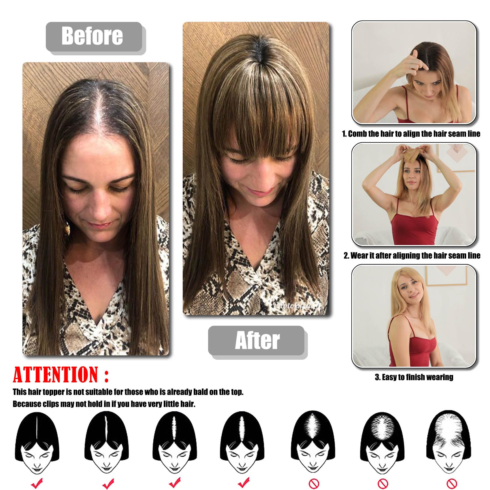 JGS1996 Women's Real Human Hair Toppers with Bangs - 100% Remy Human Hair Wig Clip-in for Thinning Hair & Hair Loss - 10 Inch #18/613 Blonde - Perfect for Daily Wear, Parties & Special Occasions