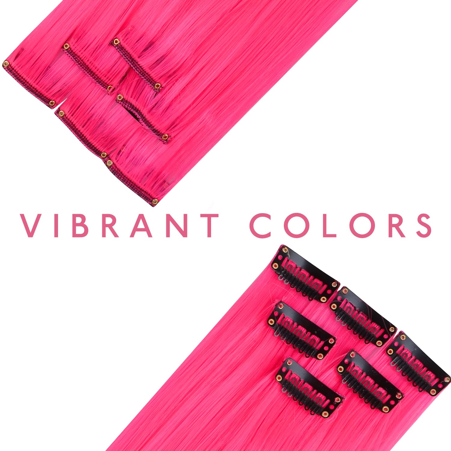 WENNALIFE 12 PCS Hot Pink Clip-in Hair Extensions for Kids - Synthetic Straight Rainbow Hair Highlights for Girls | Perfect for Parties, Cosplay & Colorful Hairstyles