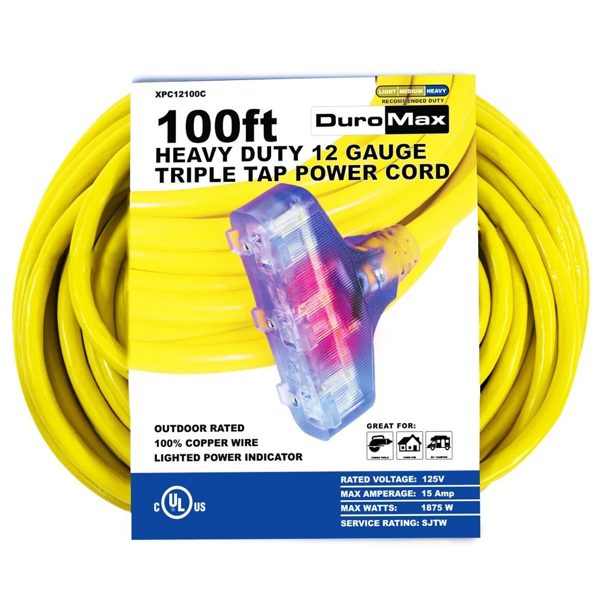 DuroMax Heavy Duty Outdoor Extension Cord - 50ft, Waterproof, Weather Resistant for Garden, Patio, and Power Tools - Perfect for Outdoor Use, Camping, and Construction Sites