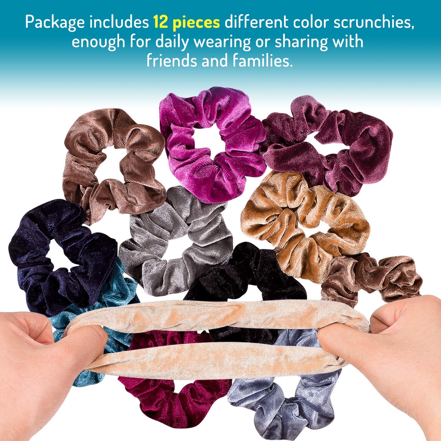 Velvet Hair Scrunchies for Women & Girls - 12 Pack | Soft Elastic Hair Bands for Everyday & Party Use