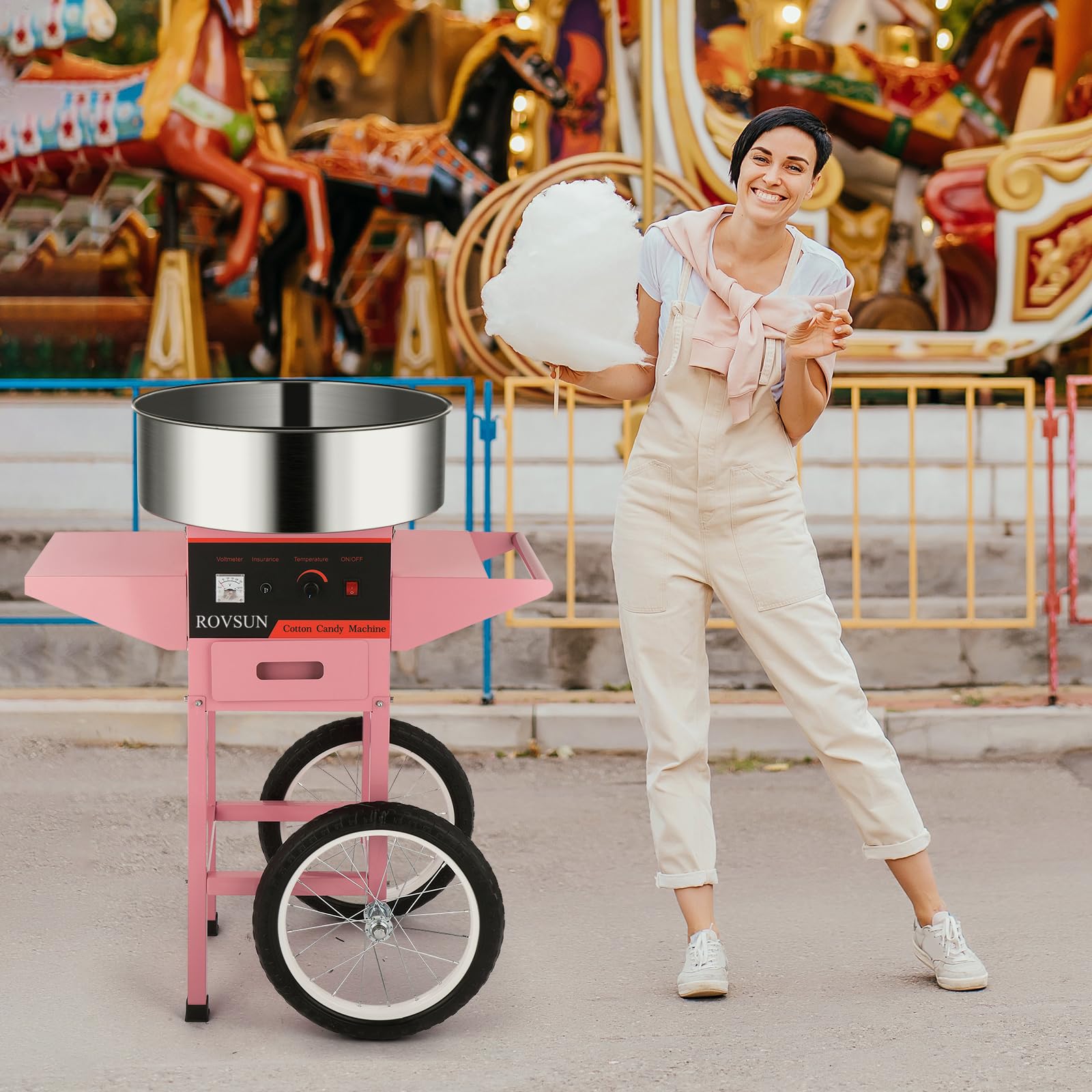 ROVSUN 21 Inch Commercial Cotton Candy Machine Cart - Stainless Steel Bowl Candy Floss Maker with Sugar Scoop & Storage Drawer - Perfect for Home Parties, Carnivals, Fairs & Events (Pink)