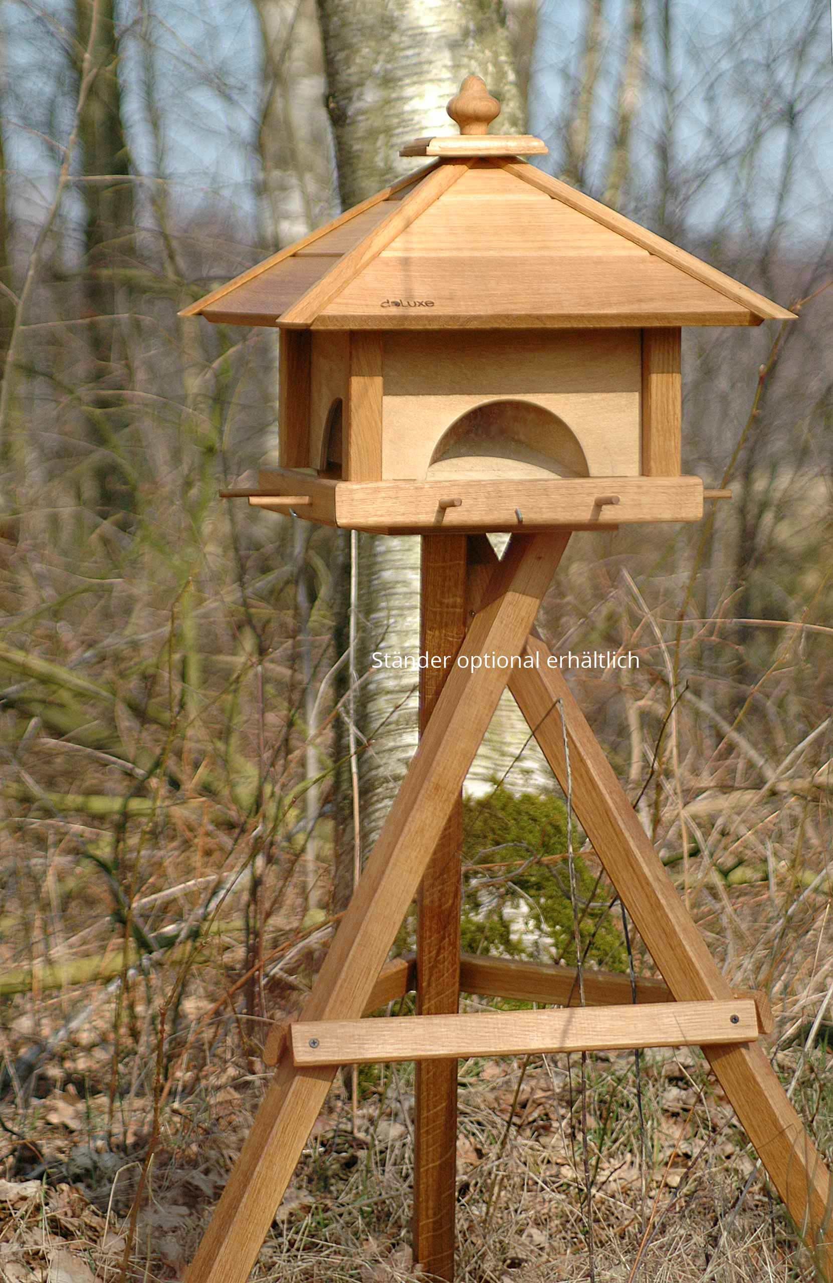 Premium Large Oak Bird Feeder with 4 Drawers, Silo & 8 Landing Rods - 49x49x39cm - Outdoor Garden Decoration for Attracting Wild Birds