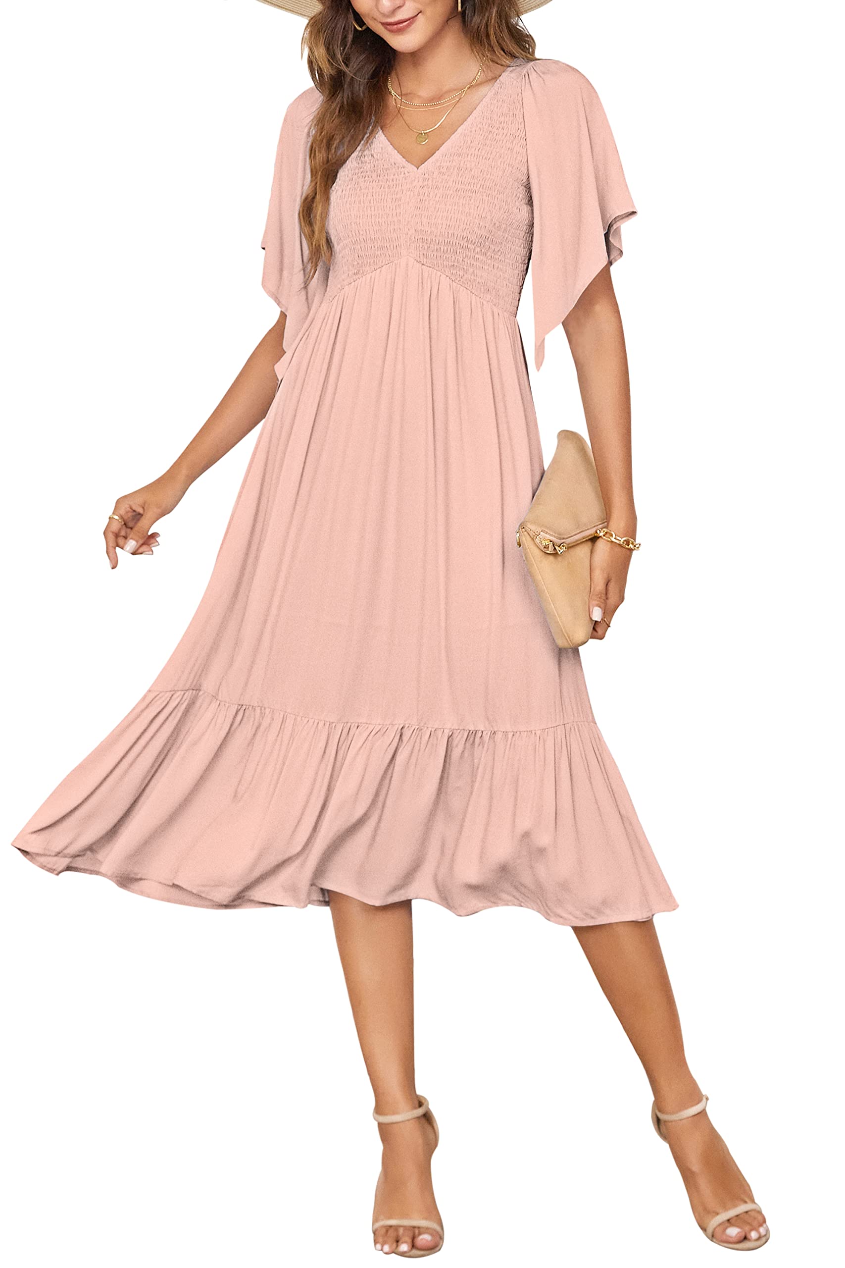 PYGFEMR Women's Summer Floral Print Empire Waist Dress - Smocked Flutter Short Sleeve V-Neck Midi Dress for Beach, Vacation & Casual Wear