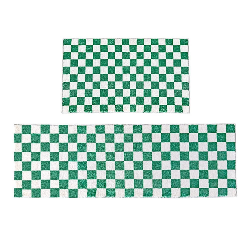 Soft Shaggy Microfiber Bath Rug - Boho Geometric Plaid Checkered Patchwork Decor Carpet - Non-Slip Indoor Outdoor Doormat 1.6' x 2.6' (Green) - Perfect for Bedroom, Living Room, Kitchen & Entryway Runner Mat