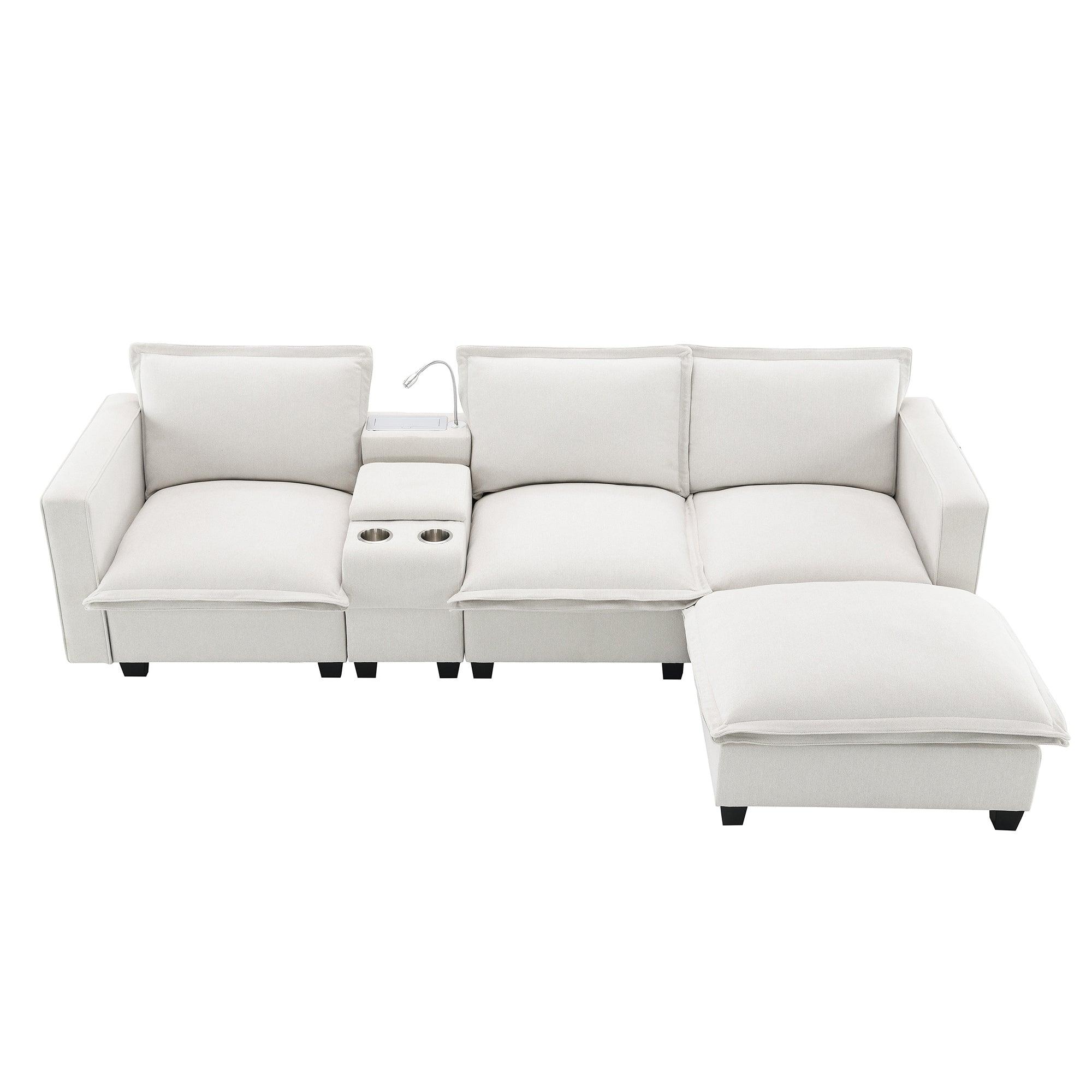 Modern 4-Seat Chenille Modular Sectional Sofa with Console, USB Charging Port, Reading Light & Cup Holders - Cloud Couch for Living Room, Apartment (2 Colors) | Perfect for Family Gatherings, Movie Nights & Small Space Living