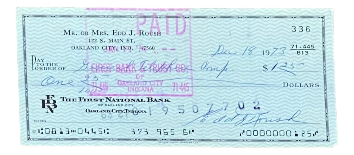 Edd Roush Cincinnati Reds Autographed Bank Check #336 - Authentic MLB Memorabilia for Collectors & Fans - Perfect for Sports Memorabilia Displays & Gifts