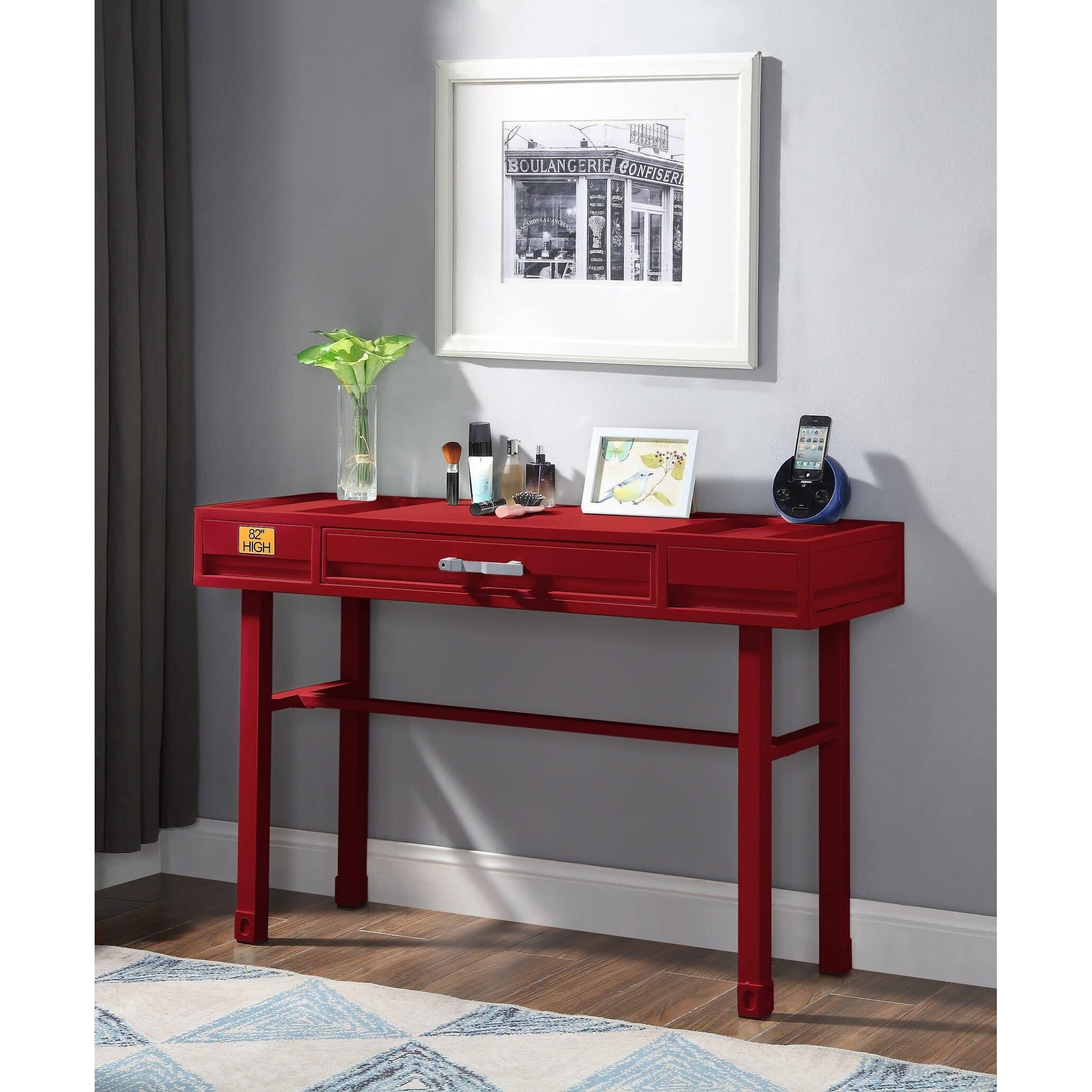 Modern Red Wooden Cargo Vanity Desk - Contemporary Style for Home Office, Bedroom, or Dressing Room