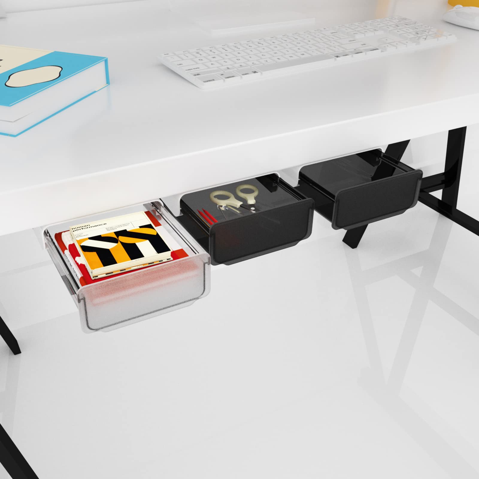2 Pack Self-Adhesive Under Desk Drawer Organizer - No Drill Hidden Storage for Office, Home & School - Perfect for Storing Pens, Notebooks & Stationery (Easy Slide-Out Mount, Space Saving Solution)