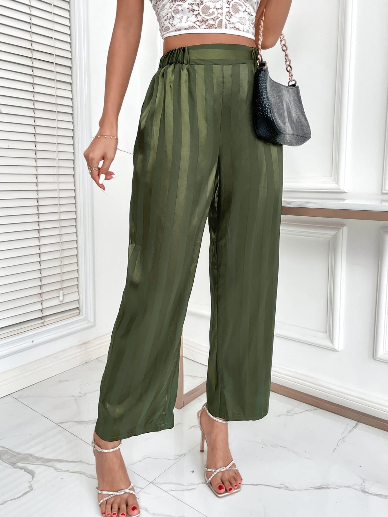 WDIRARA Women's High Waist Wide Leg Pants - Elastic Waistband, Striped Satin Lounge Pants for Casual Wear, Work, Travel & Home Comfort