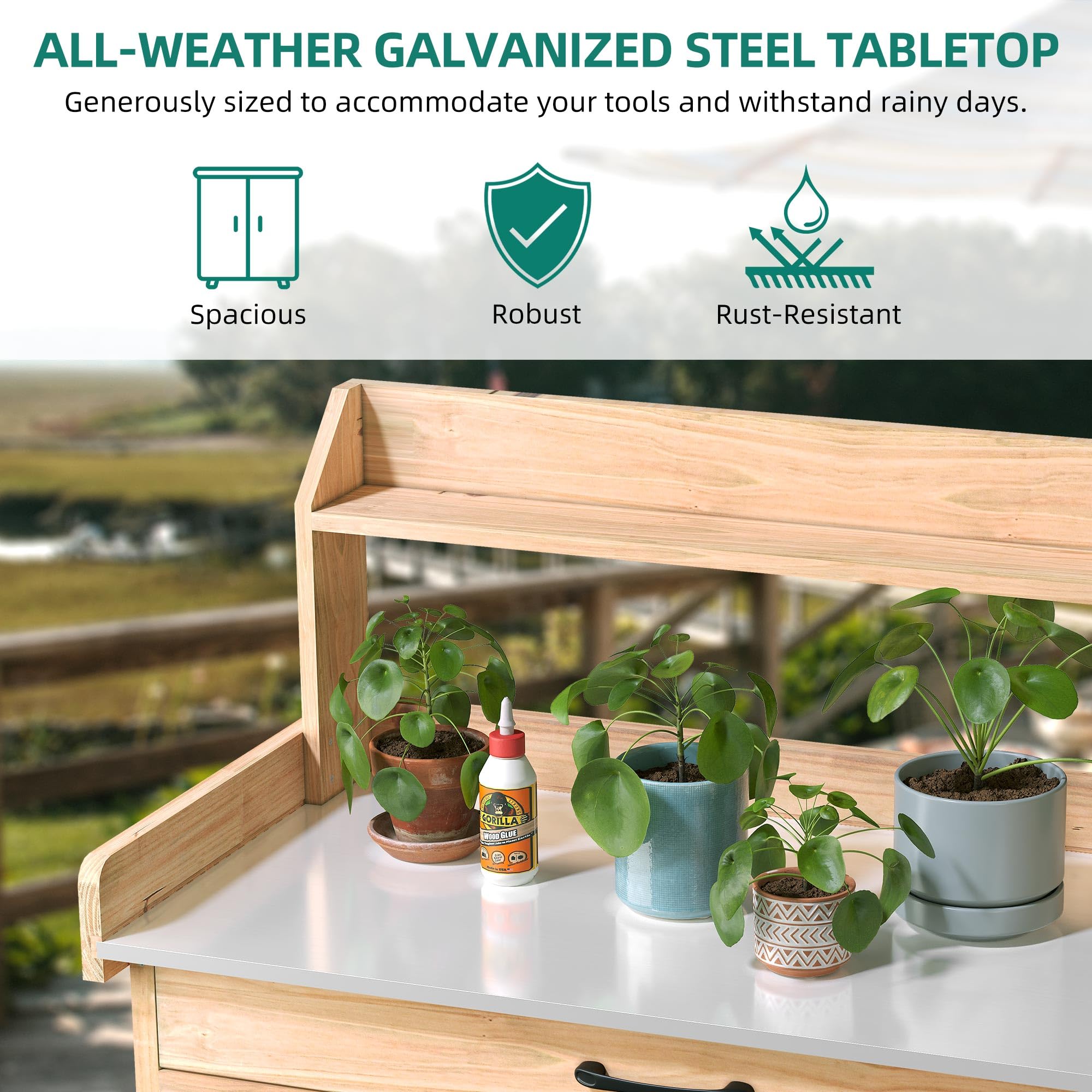 YITAHOME Solid Wood Outdoor Potting Bench with Storage Cabinet & Drawer - Rustic Garden Work Table with Galvanized Metal Top for Planting & Organizing - Perfect for Backyard Gardening, Greenhouse & Outdoor Workspace