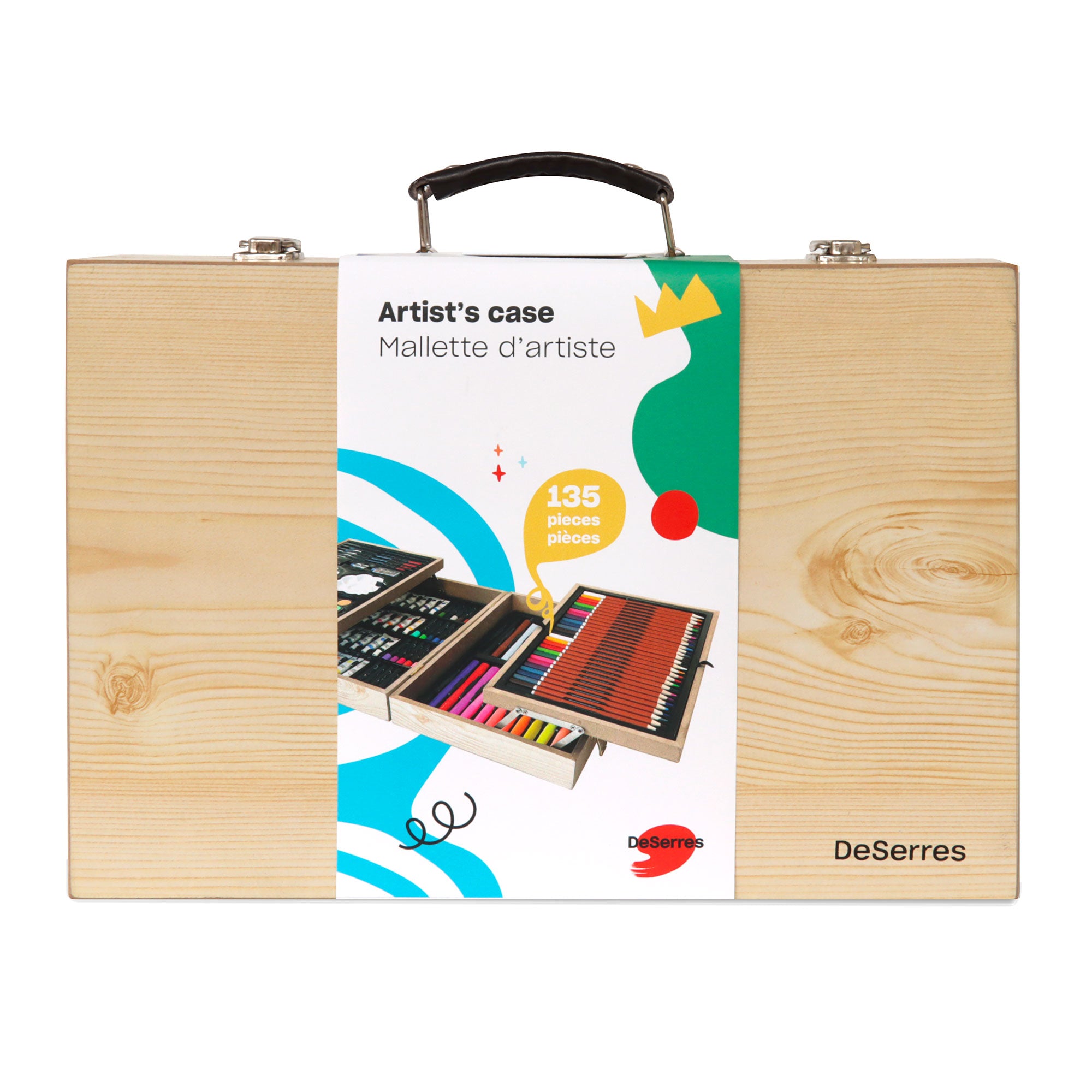 135-Piece Artist Wooden Case - Premium Wooden Art Supply Storage Box for Pencils, Brushes & Sketching Tools - Perfect for Artists, Students & Crafters