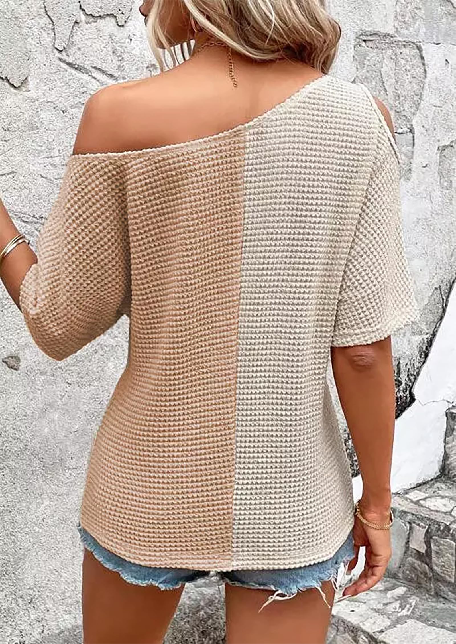 YeonYoonA Women's Color Block Waffle Cold Shoulder Blouse - Batwing Half Sleeve Loose Top for Casual Wear, Office Outfits & Spring Fashion