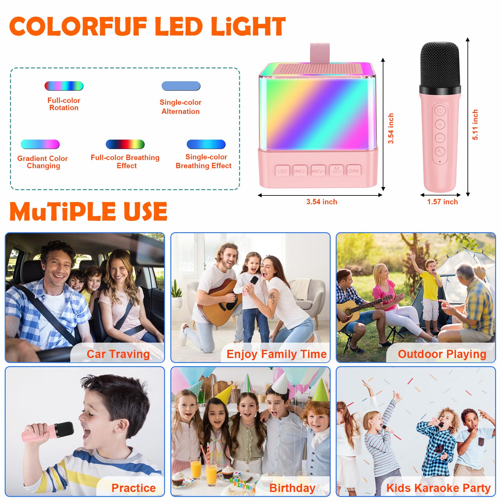 Wireless Karaoke Machine for Kids with 2 Microphones, Bluetooth Speaker & LED Lights - Portable Singing Toy for Girls & Boys, Perfect for Home Parties, Gifts & Family Fun