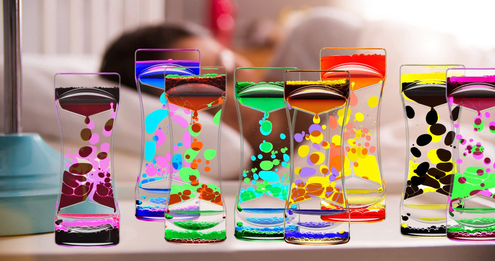 6-Piece Liquid Motion Bubbler Set - Rainbow Sensory Toys for Stress Relief & Focus | Oil Drop Water Hourglass Desk Decor for Home Office | Perfect Fidget Timer for Adults & Kids | Gift Box Included