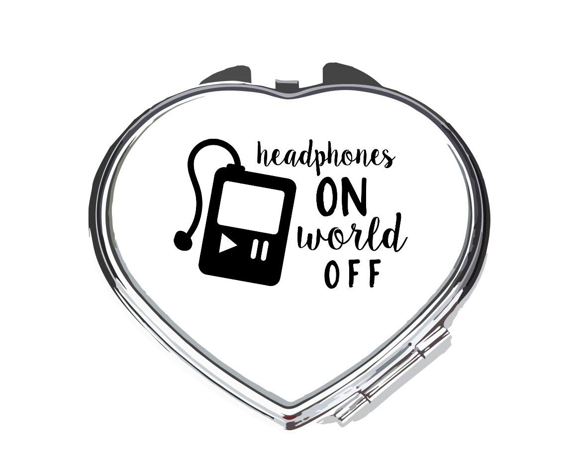 Compact Silver Heart-Shaped Pocket Mirror with 'Headphones On World Off' Statement - Perfect for Travel, Makeup Touch-Ups & Gifts