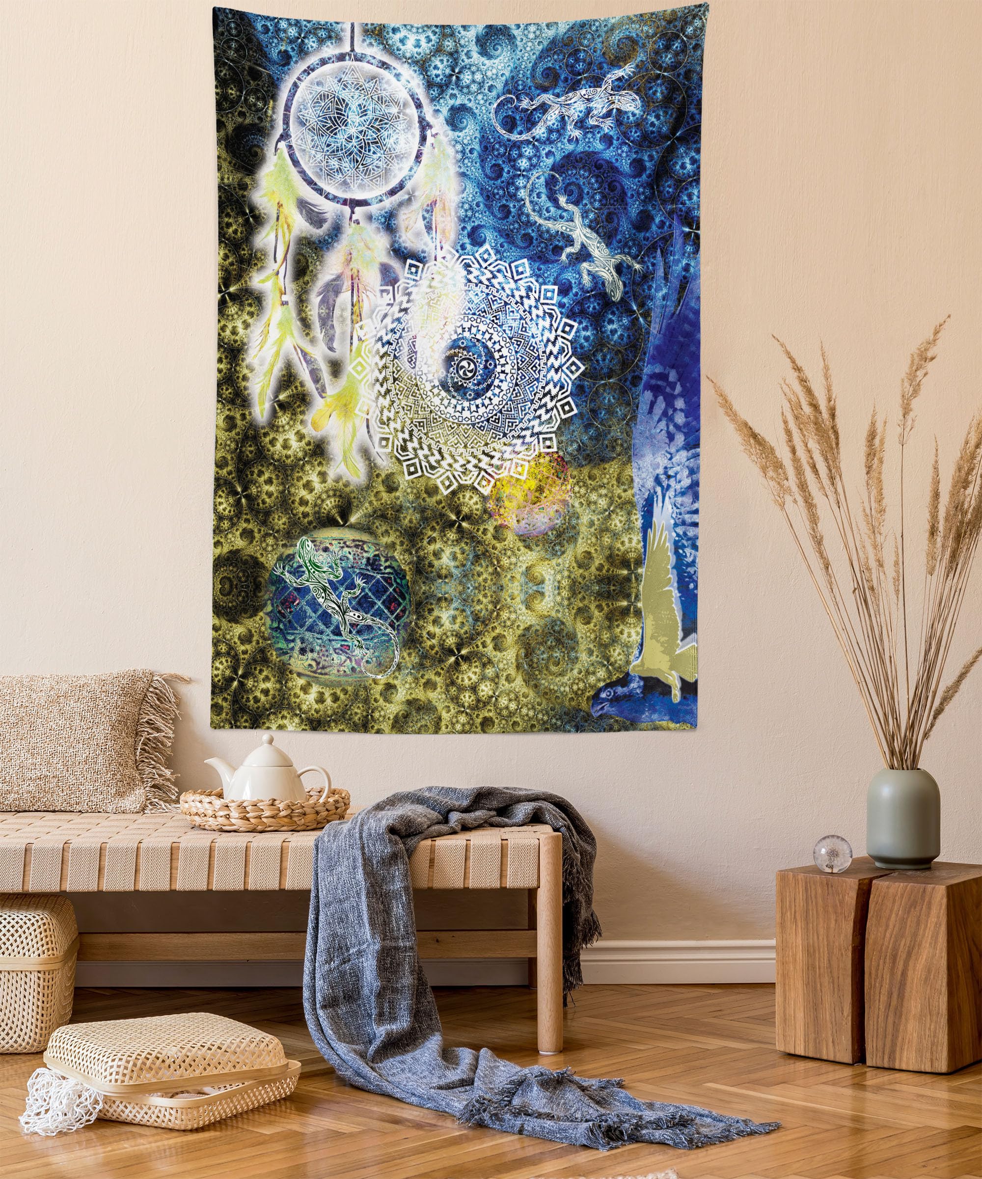 Ambesonne Bohemian Dreamcatcher Tapestry - Native American Style Wall Hanging with Feathers & Animal Illustrations (40x60 Inches) - Perfect for Bedroom, Living Room & Dorm Decor in Indigo Yellow