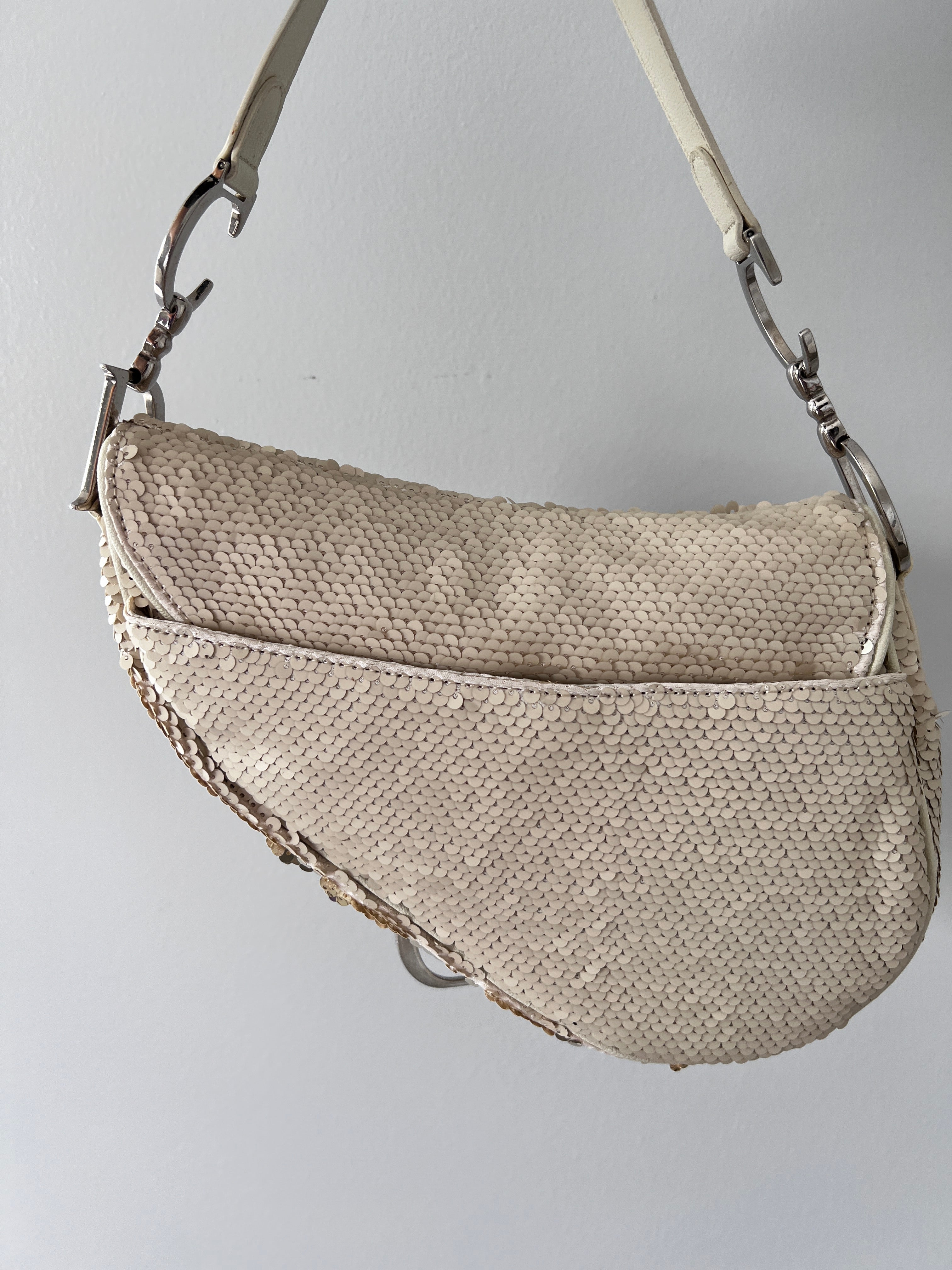 Vintage Dior Cream Reversible Sequin Saddle Bag - Matte & Radiant Finish | Luxury Crossbody Purse for Evening Parties, Weddings & Special Occasions