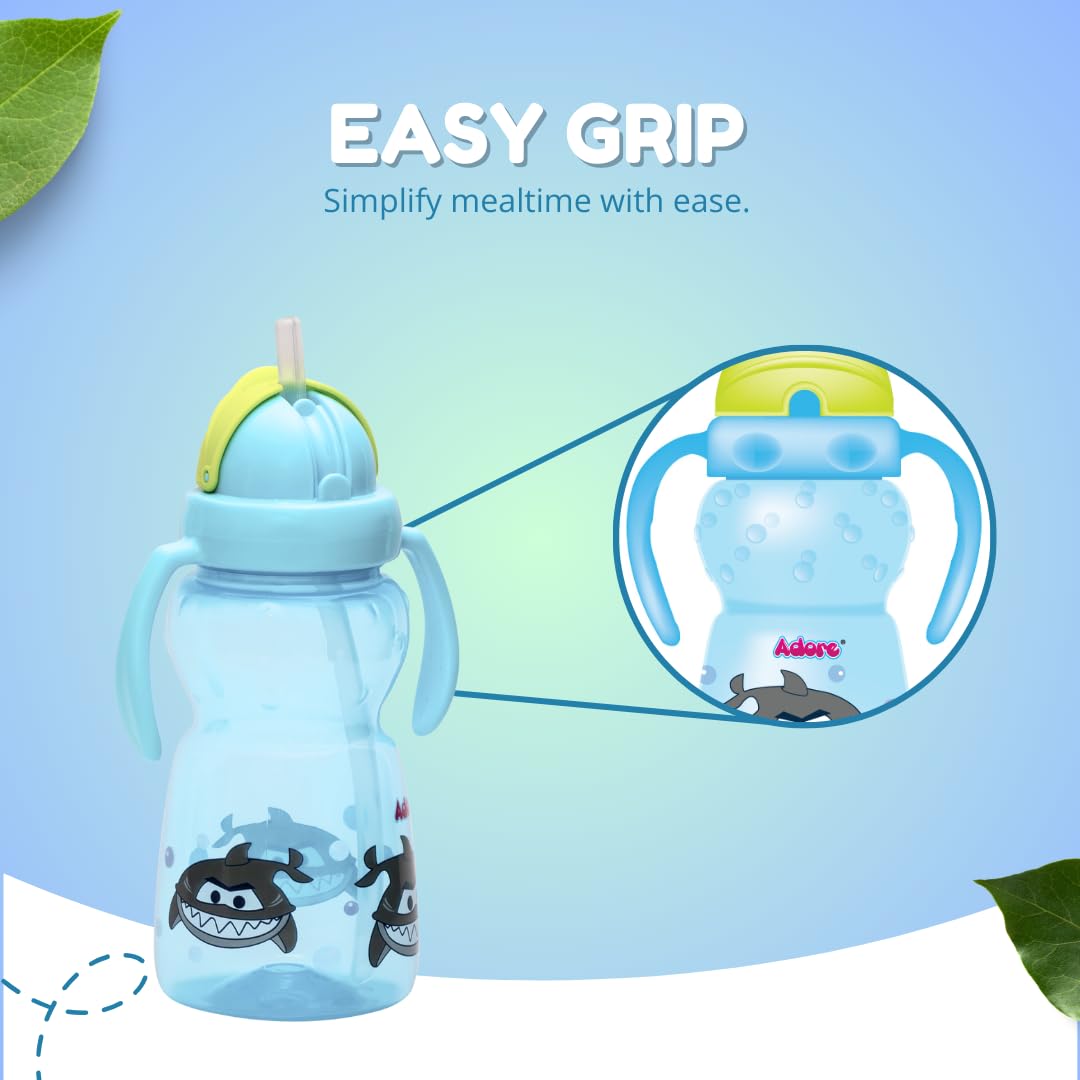 Adore Zing Twin Handle Straw Cup - BPA Free Baby Water Bottle for Kids & Toddlers | 300ml Leak Proof Plastic Straw Sipper for Boys & Girls | Perfect for Daycare, Travel & Outdoor Activities (Blue)
